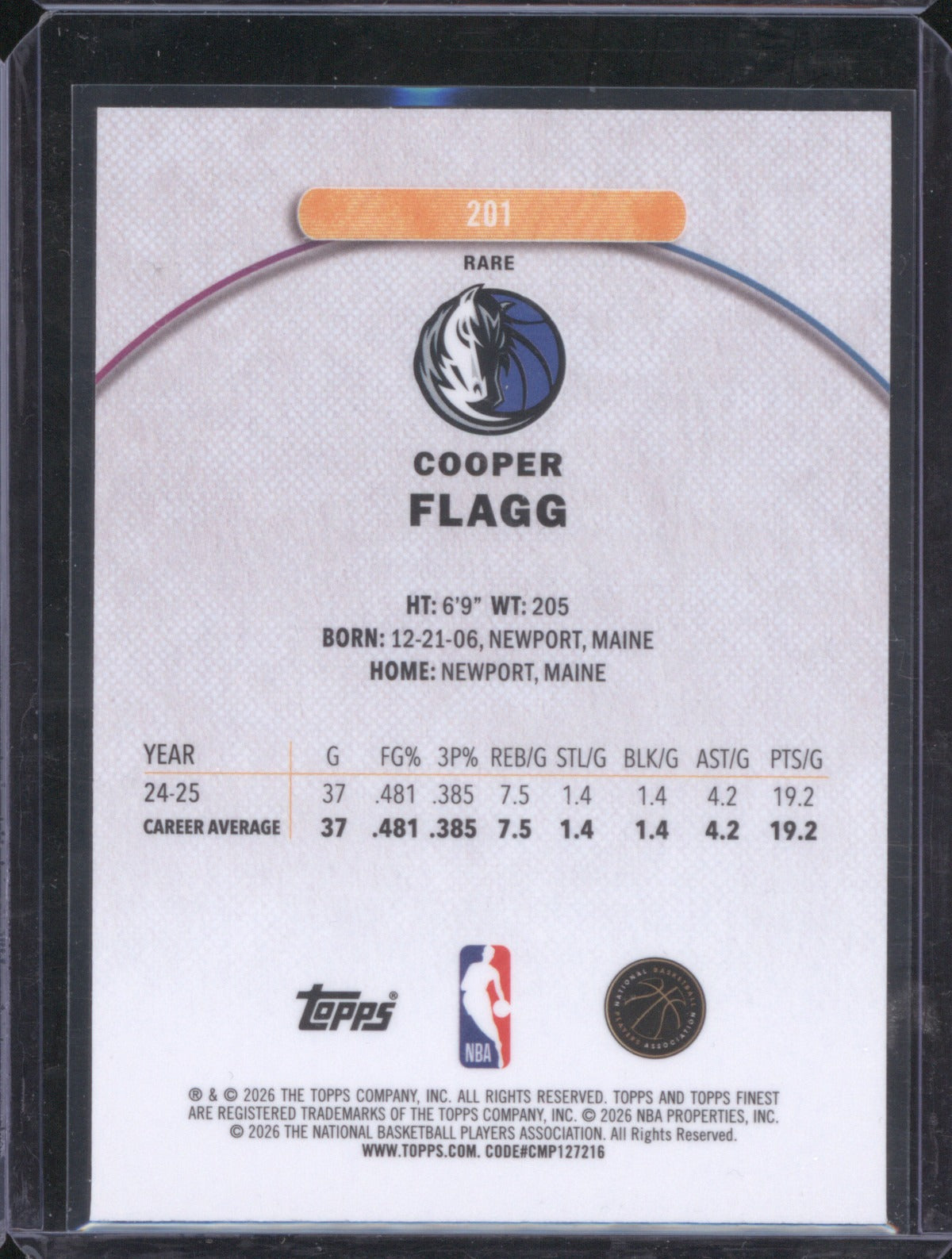 2025-26 Topps Finest 201 Cooper Flagg RC Rare