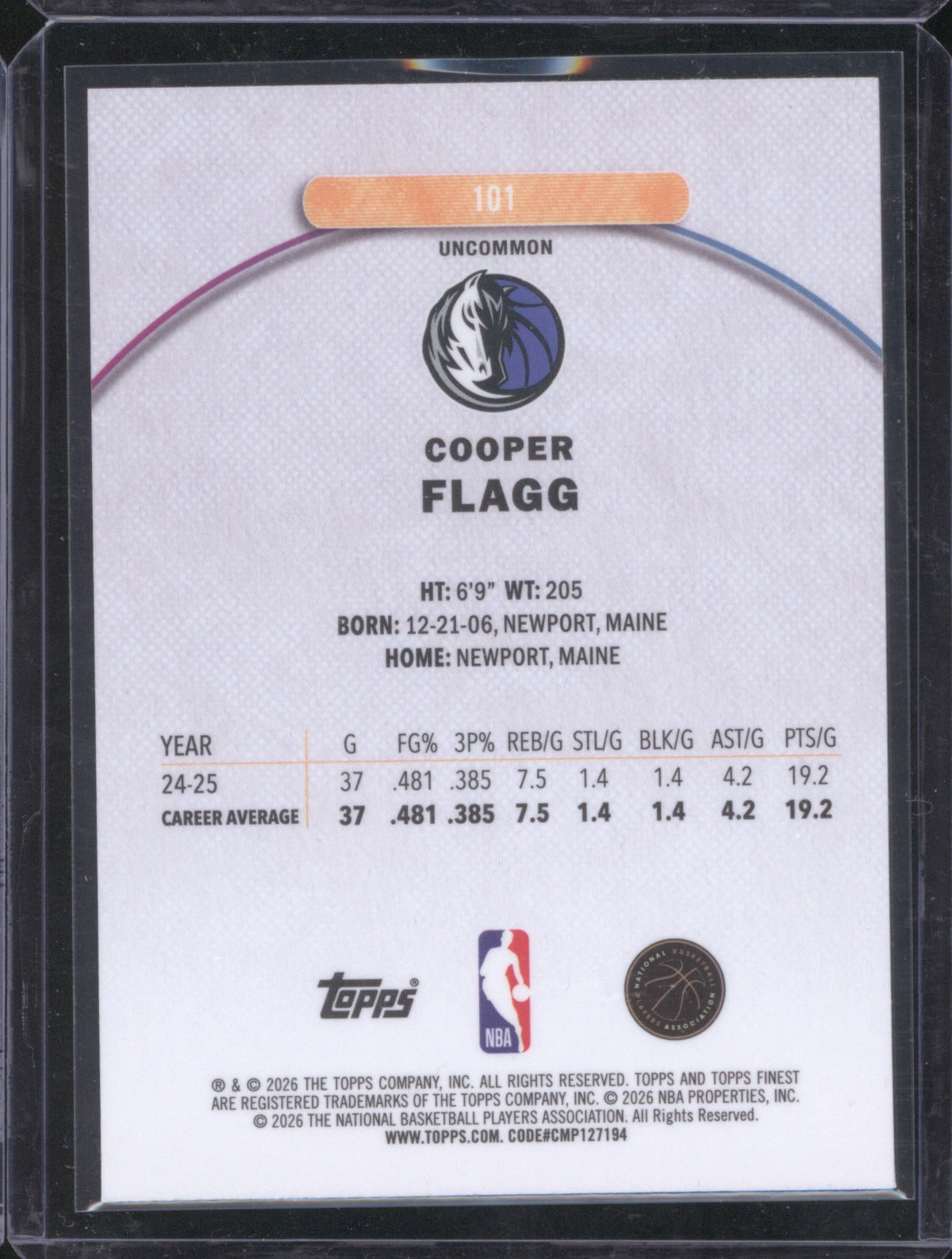 2025-26 Topps Finest 101 Cooper Flagg X-Fractor RC Uncommon