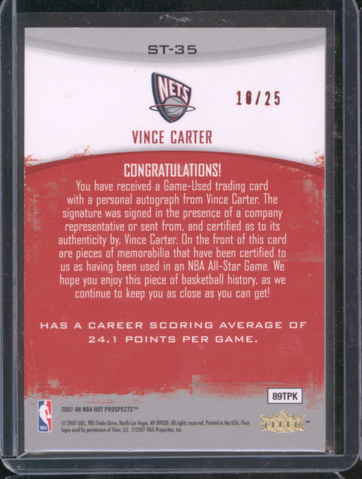 2007 Fleer Hot Prospects Vince Carter Stat Tracker Auto 10/25