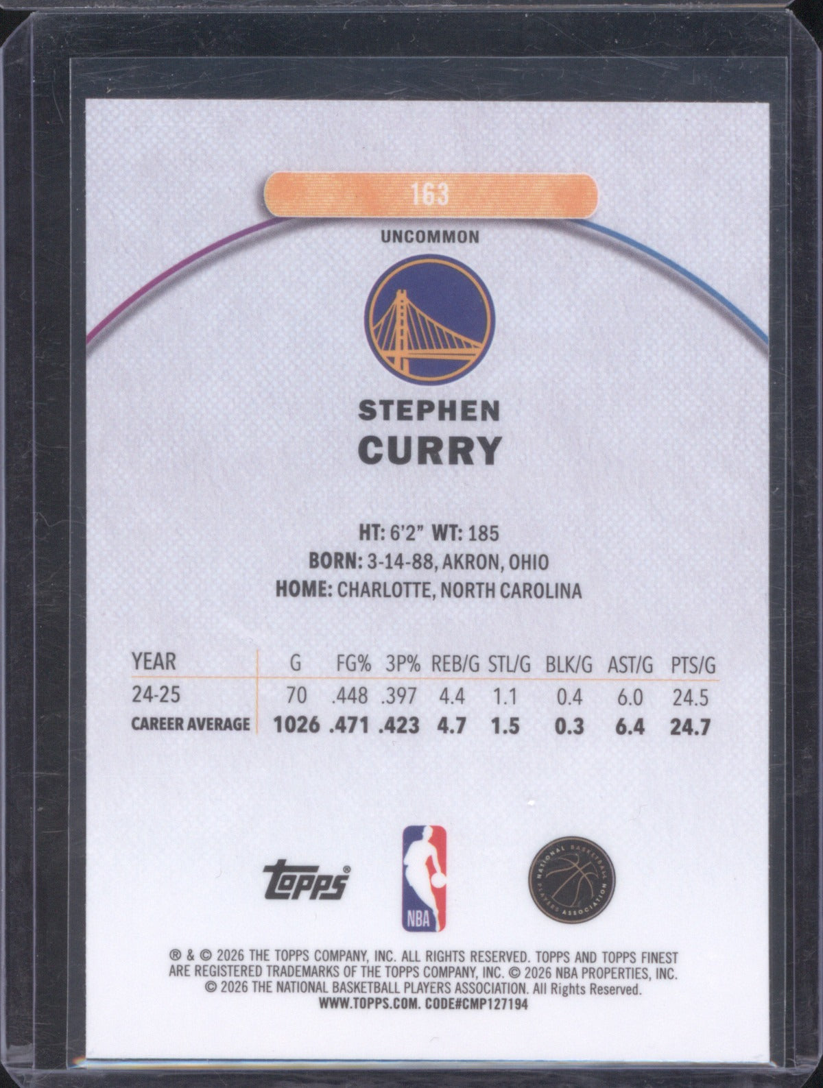 2025 Topps Finest Stephen Curry 163 Uncommon X-Fractor
