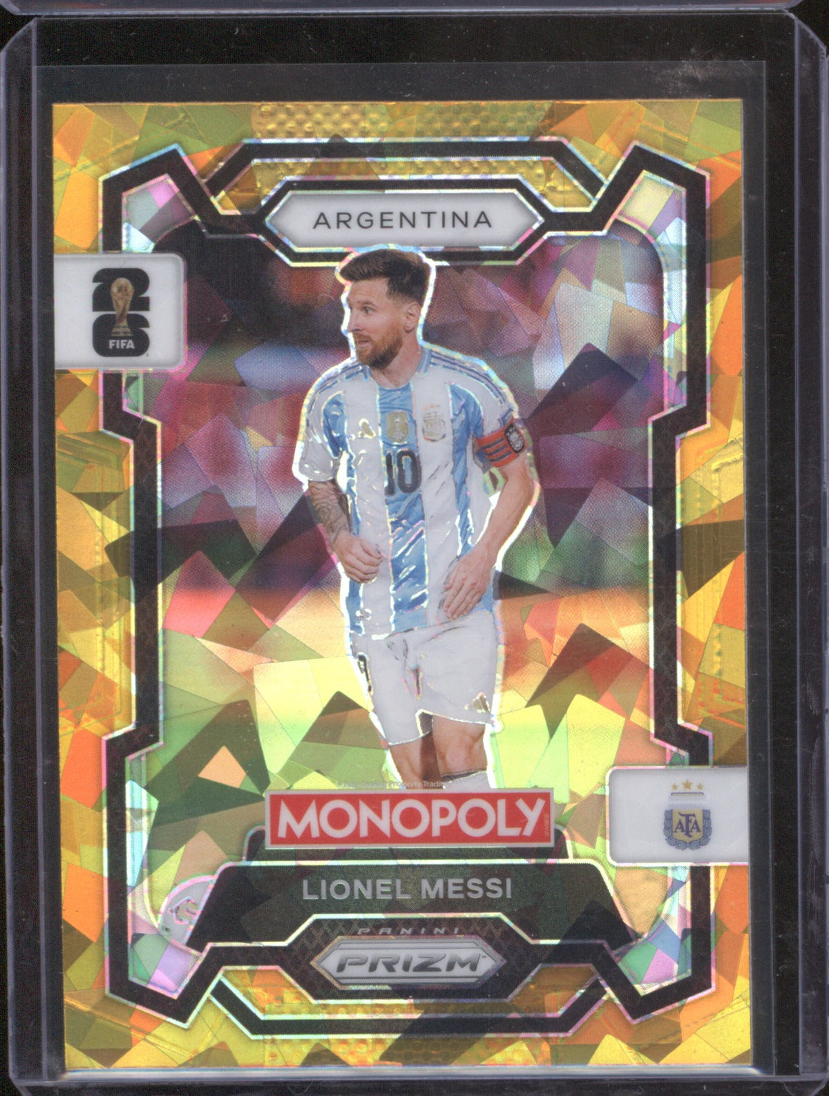 2026 Panini Prizm Monopoly FIFA World Cup Lionel Messi 1 Gold Cracked Ice