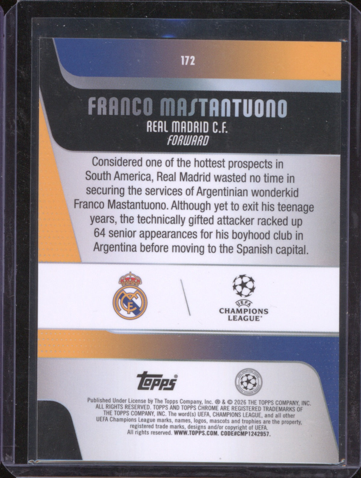 2025-26 Topps Chrome UCC Franco Mastantuono 172 Purple Xfractor /75
