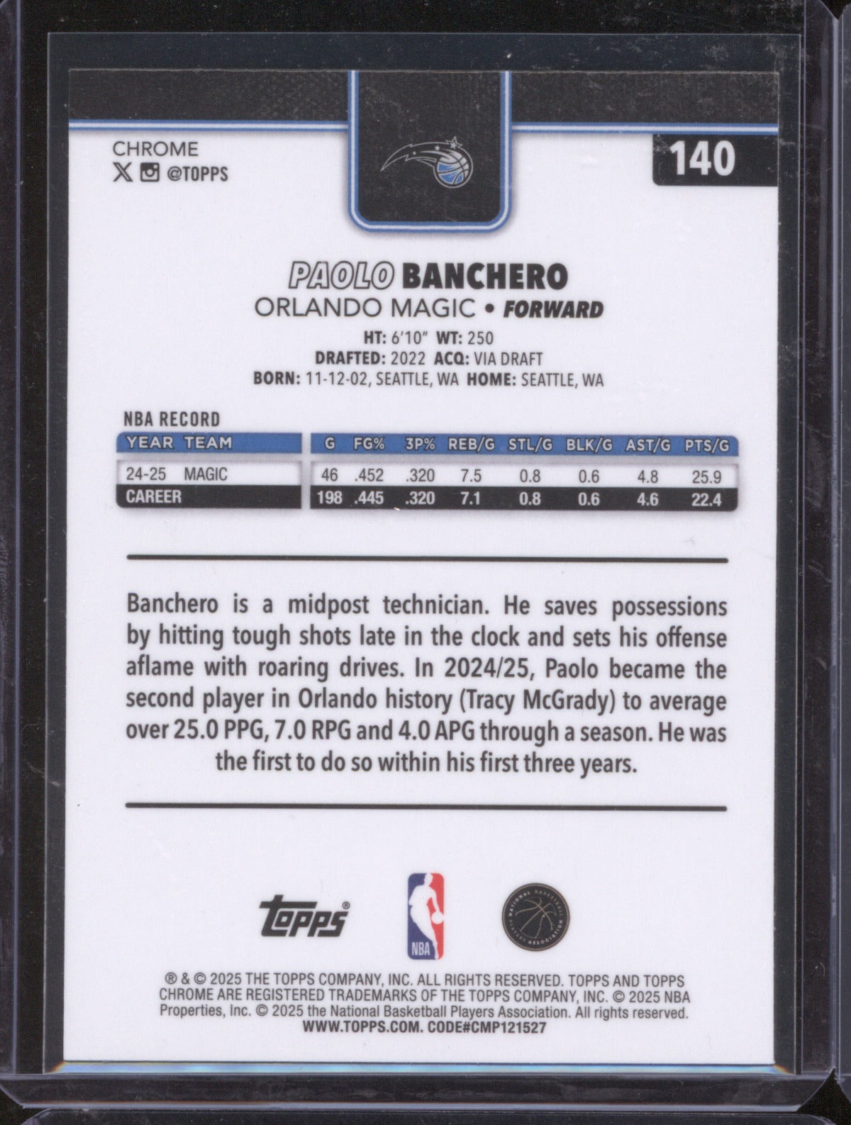 2025-26 Topps Chrome Paolo Banchero 140 Blue Refractor /150