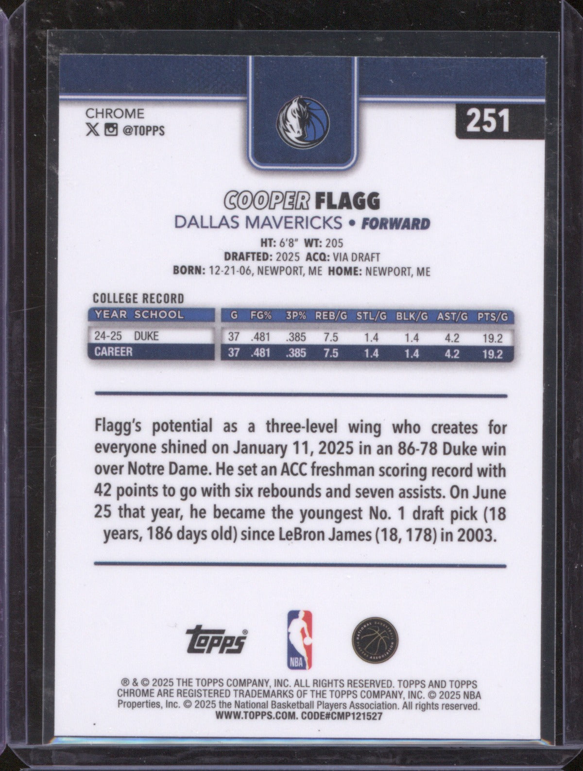 2025-26 Topps Chrome Cooper Flagg 251 RC Dallas Mavericks