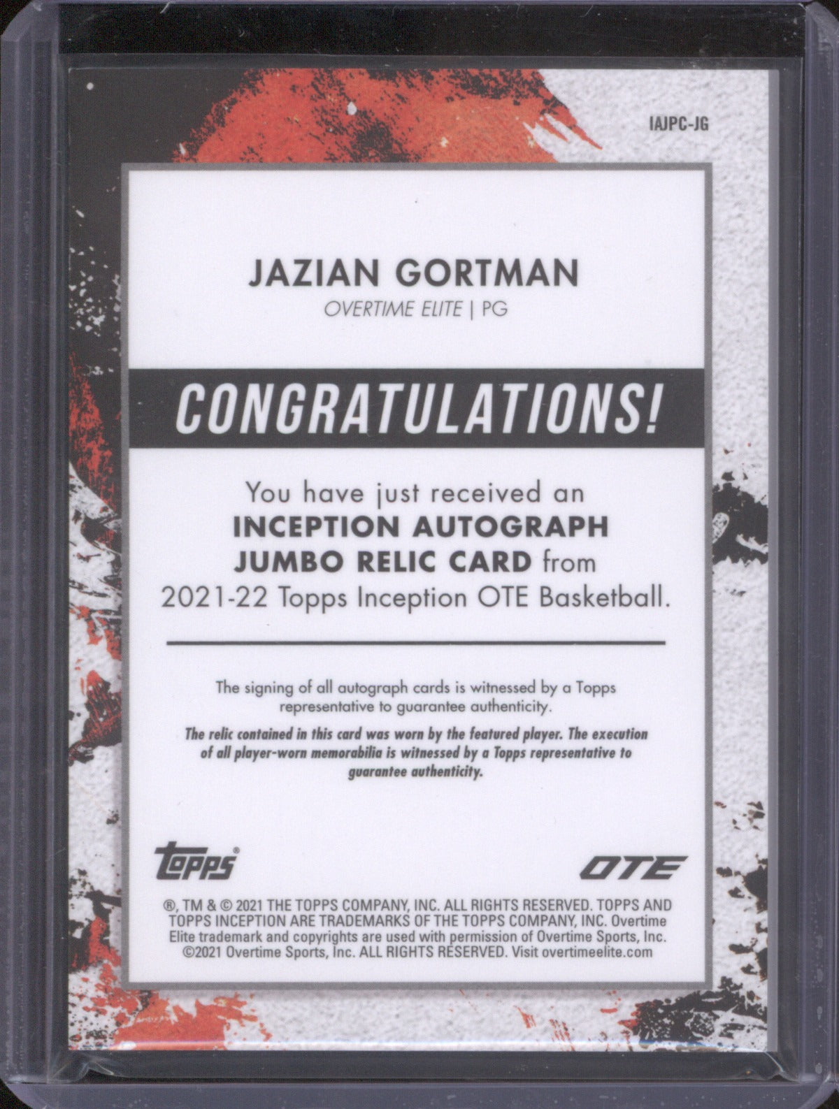 2021-22 Topps Inception Jazian Gortman IAJPC-JG Inception Auto Jumbo Relic 1/1