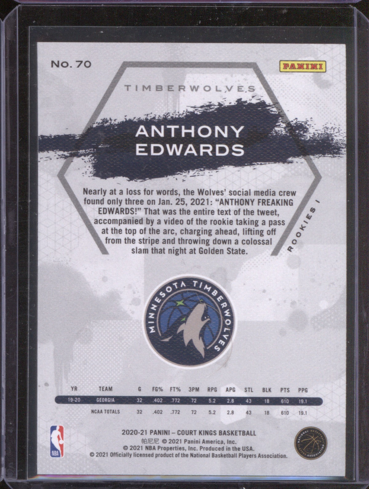 2020-21 Panini Court Kings Anthony Edwards 70 Rookies I