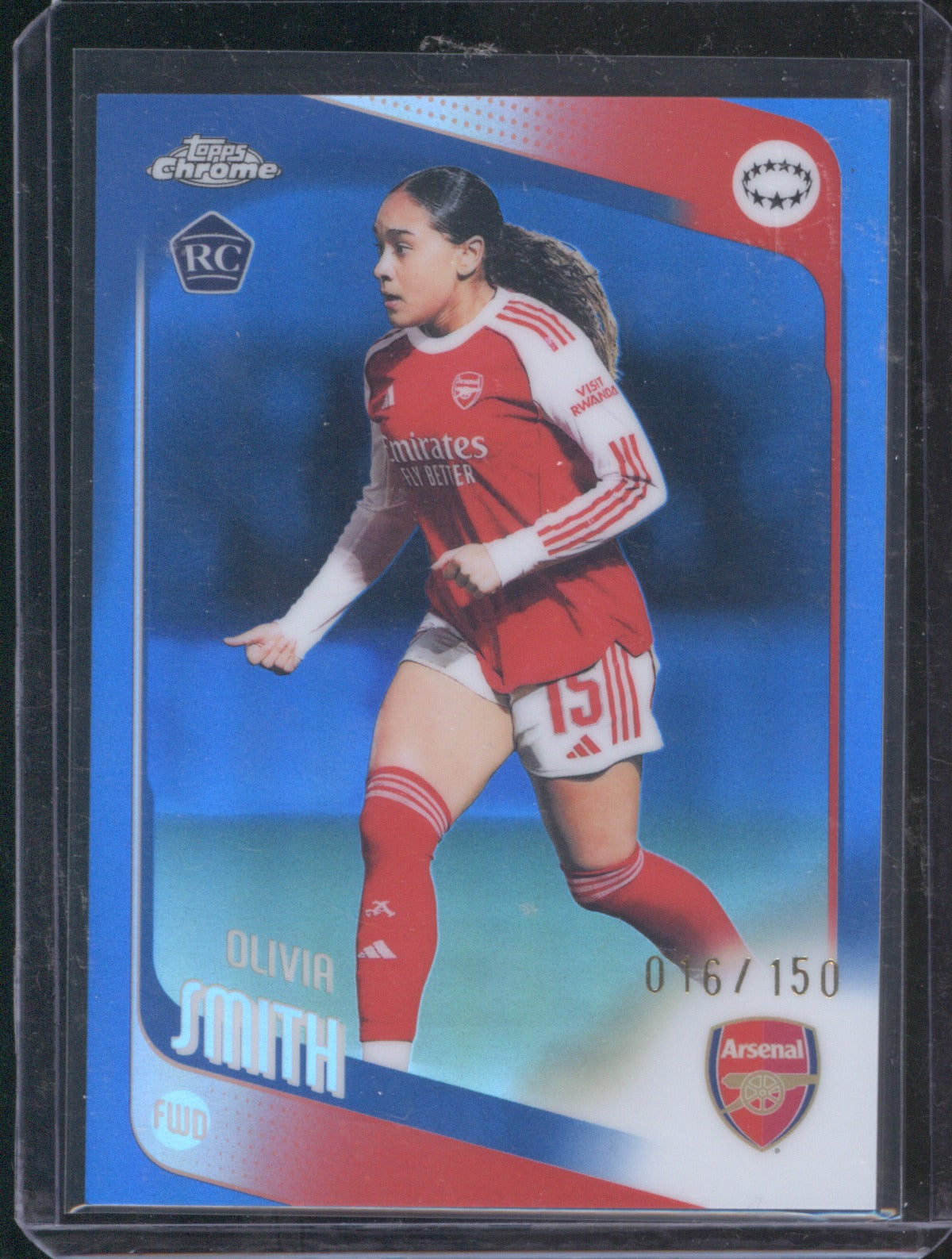 Olivia Smith 2025 Topps Chrome UEFA Women’s CL Blue Refractor RC 16/150