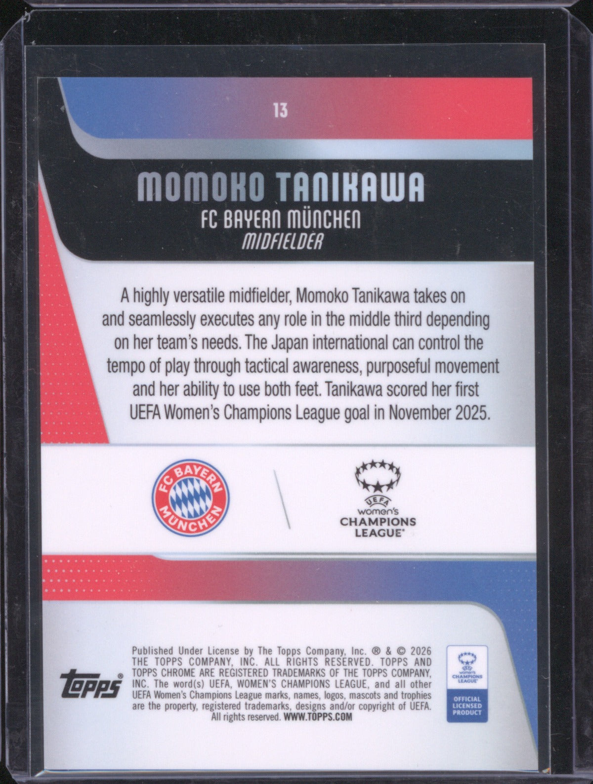 Momoko Tanikawa 2025 Topps Chrome UEFA Women’s CL Purple Wave RC 22/75