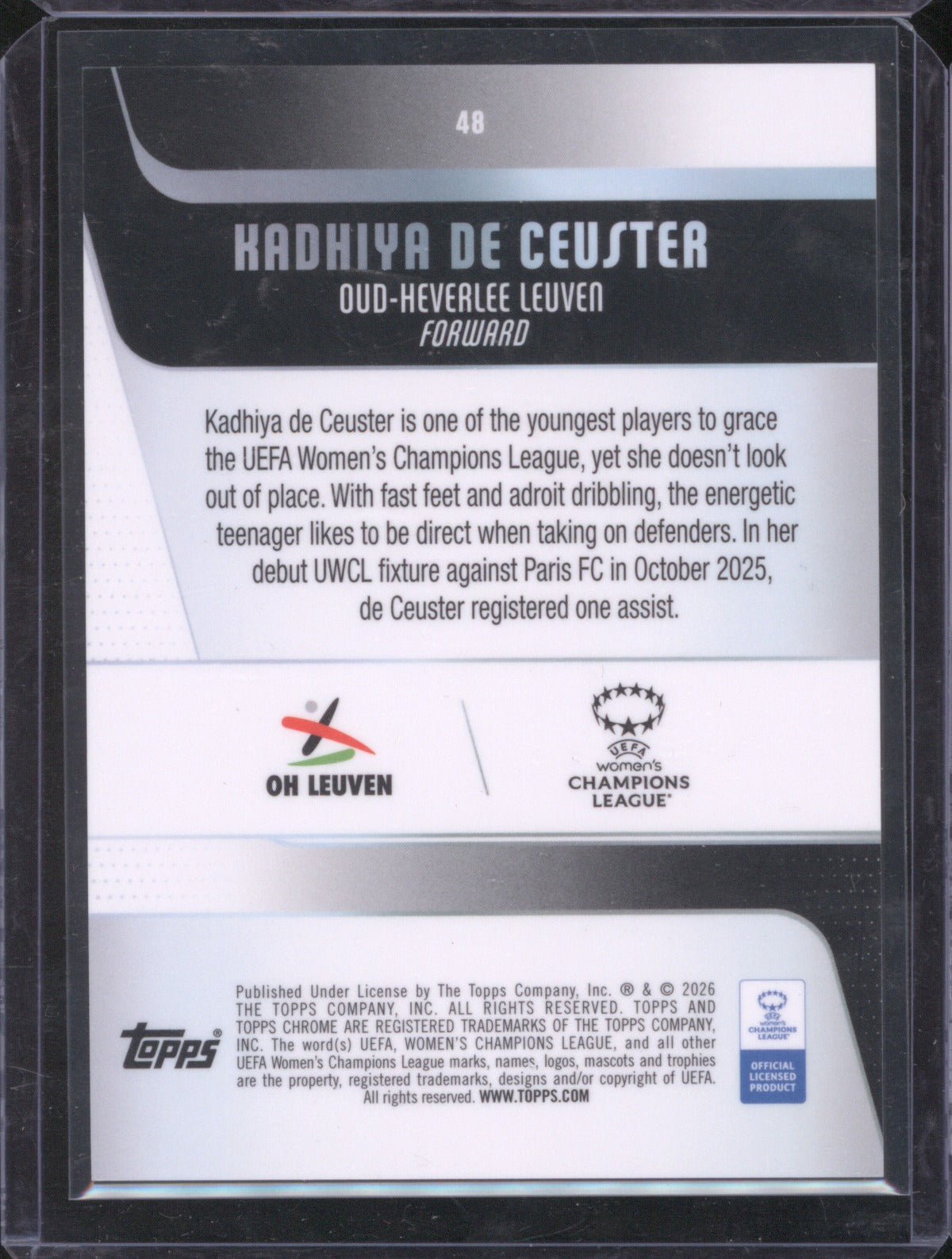 Kadhiya De Ceuster 2025 Topps Chrome UEFA Women’s CL Purple Refractor RC 22/75