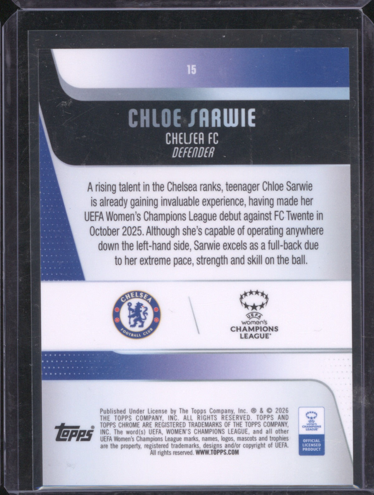 Chloe Sarwie 2025 Topps Chrome UEFA Women’s CL Aqua Refractor RC 81/199