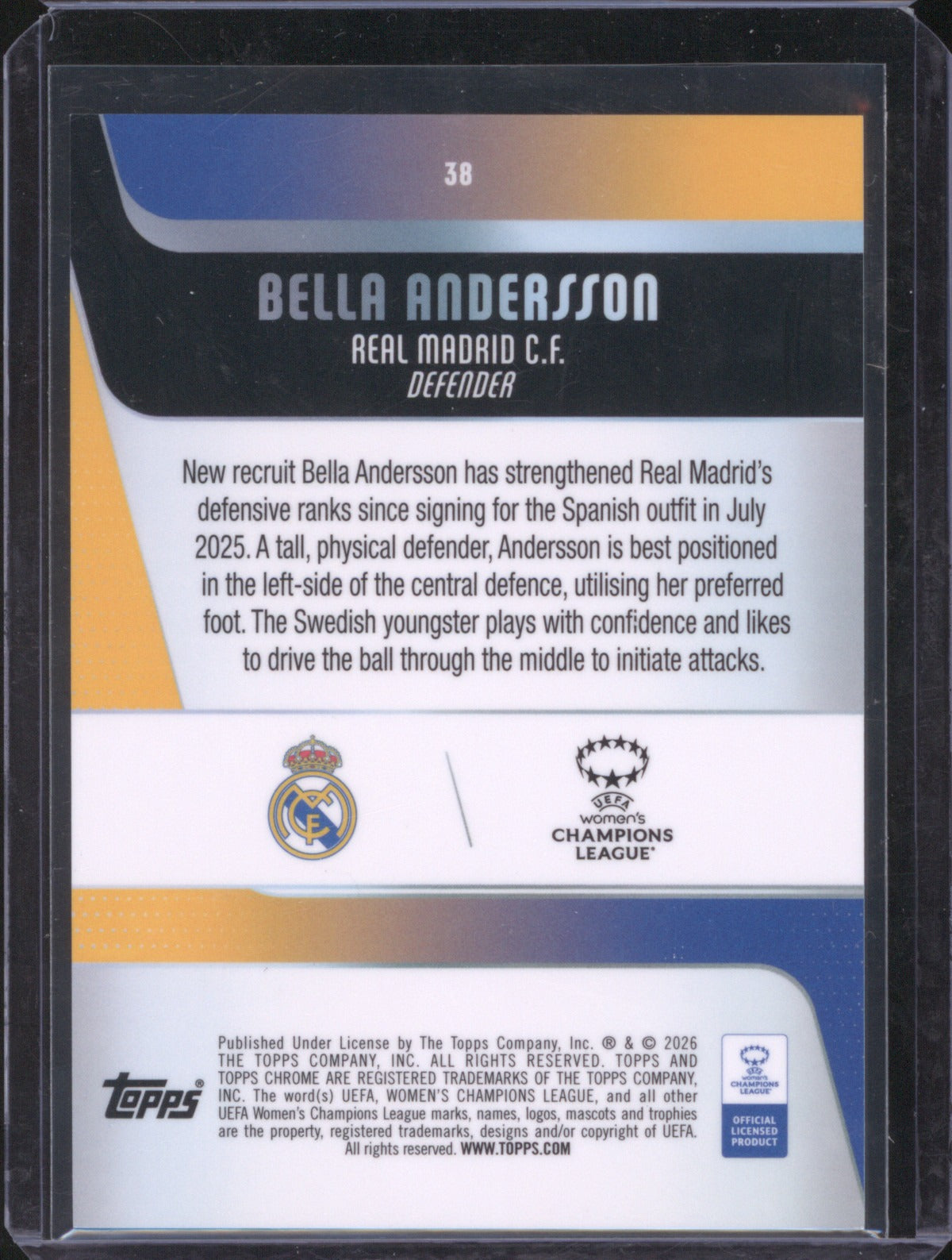 Bella Andersson 2025 Topps Chrome UEFA Women’s CL Aqua Refractor RC 192/199