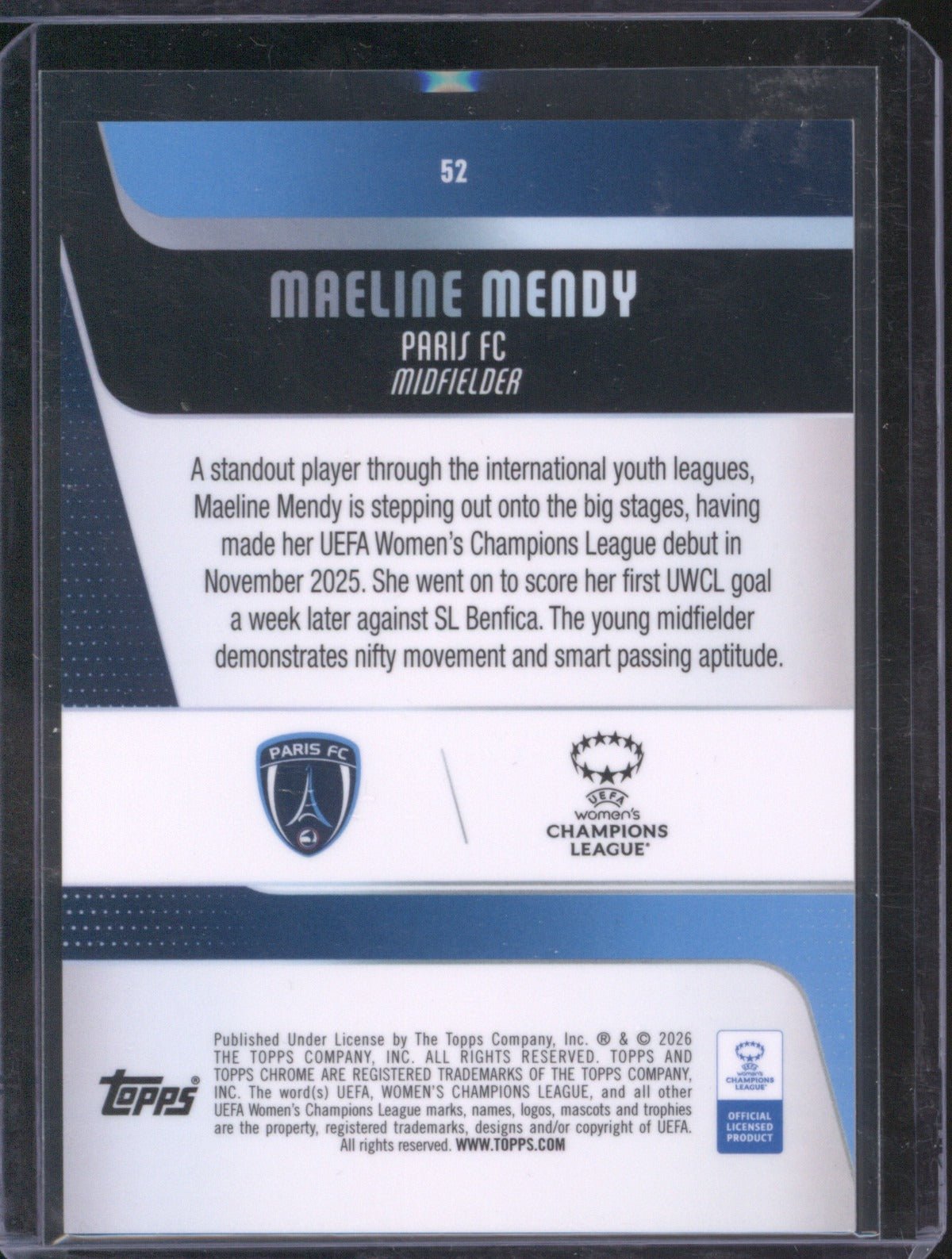 Maeline Mendy 2025 Topps Chrome UEFA Women’s CL Blue Wave RC 104/150