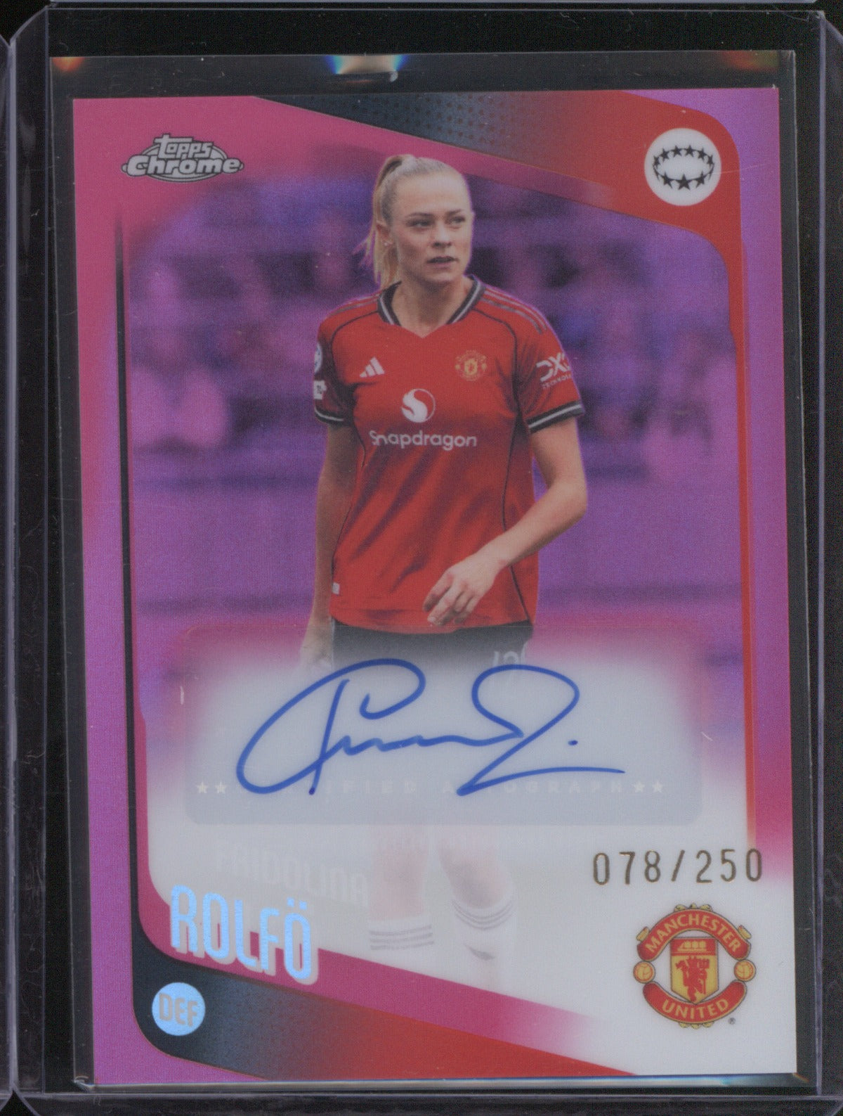 Fridolina Rolfo 2025 Topps Chrome UEFA Women’s CL Pink Refractor Auto 78/250