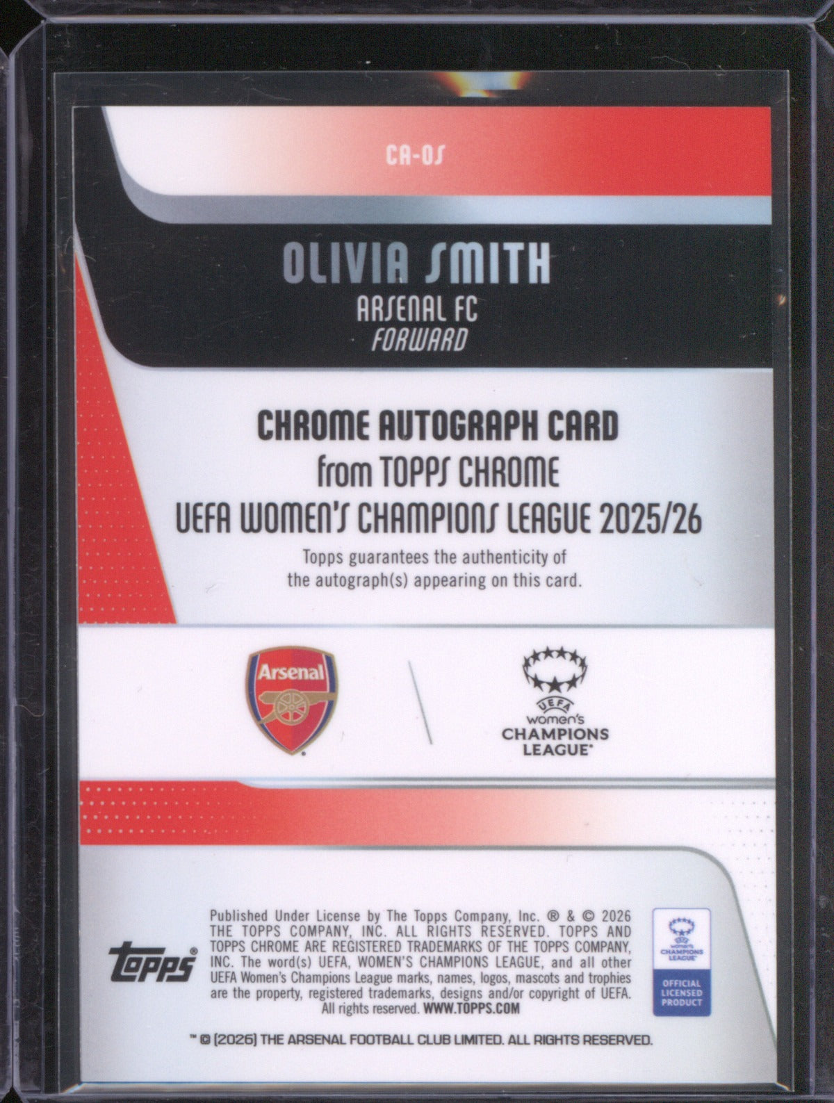 Olivia Smith 2025 Topps Chrome UEFA Women’s CL Gold Wave Auto 15/50