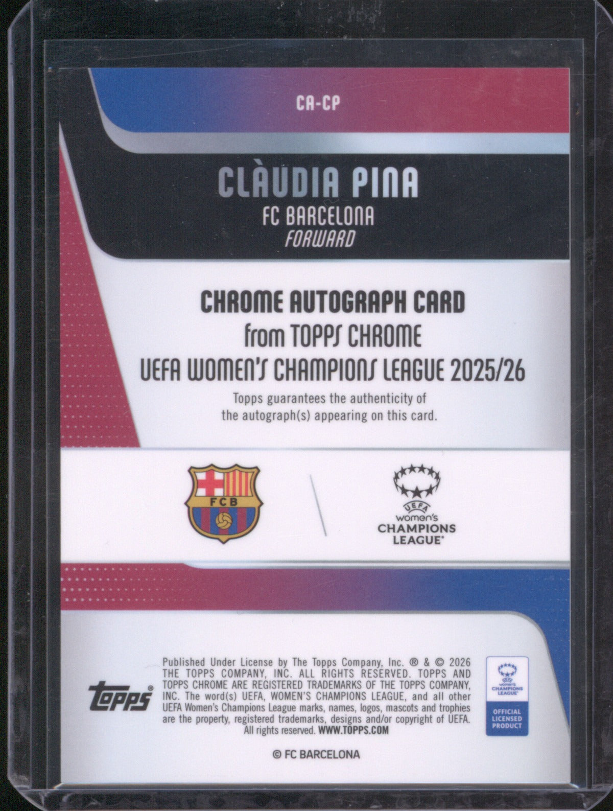 Claudia Pina 2025 Topps Chrome UEFA Women’s CL Pink Refractor Auto 121/250