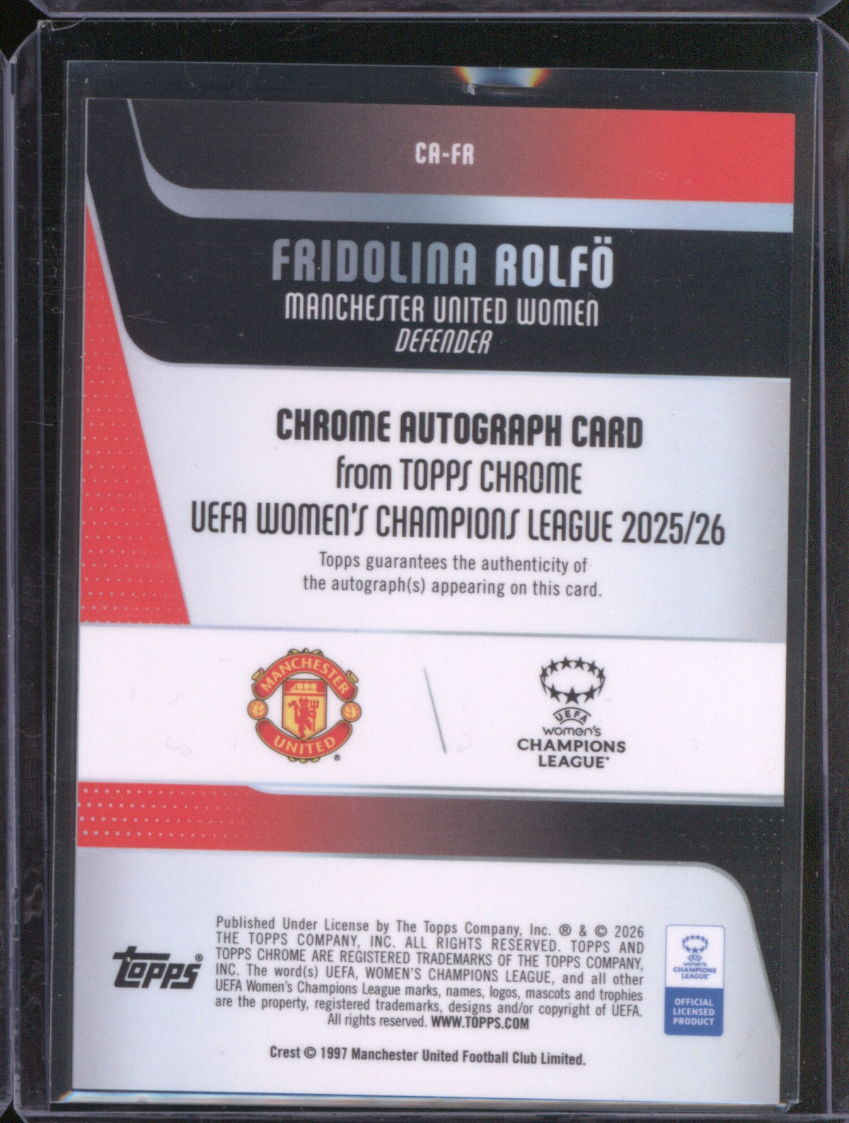 Fridolina Rolfo 2025 Topps Chrome UEFA Women’s CL Pink Refractor Auto 78/250