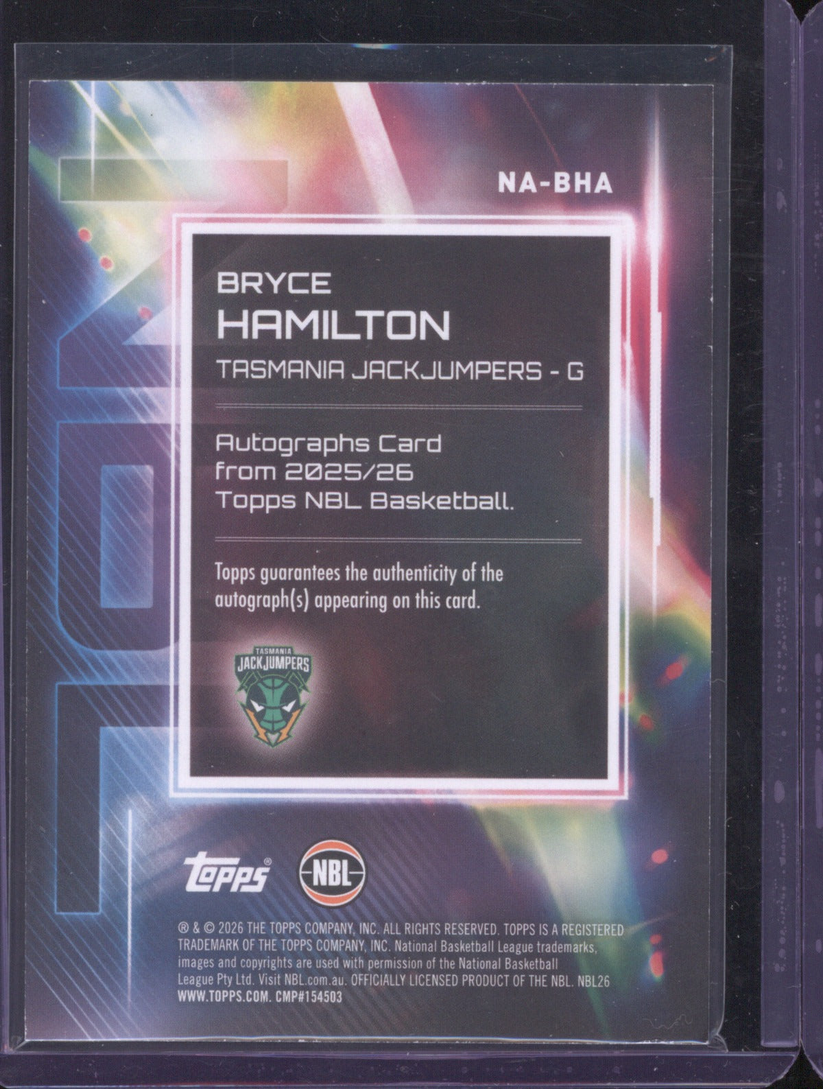 Bryce Hamilton 2025-26 Topps NBL Basketball Auto NA-BHA Tasmania JackJumpers