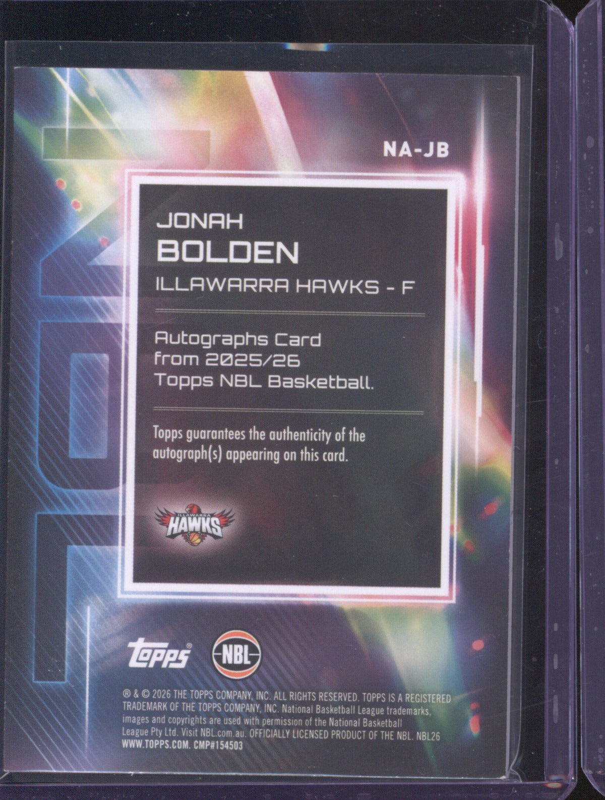Jonah Bolden 2025-26 Topps NBL Basketball Auto NA-JB Illawarra Hawks
