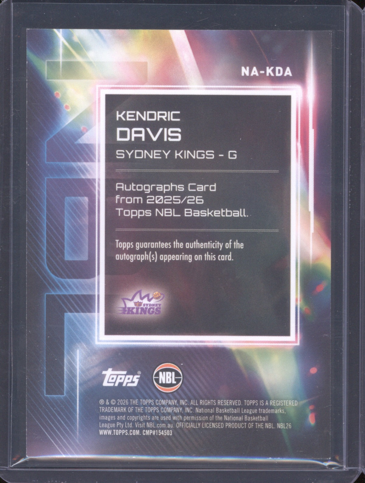 Kendric Davis 2025-26 Topps NBL Basketball Auto NA-KDA Sydney Kings