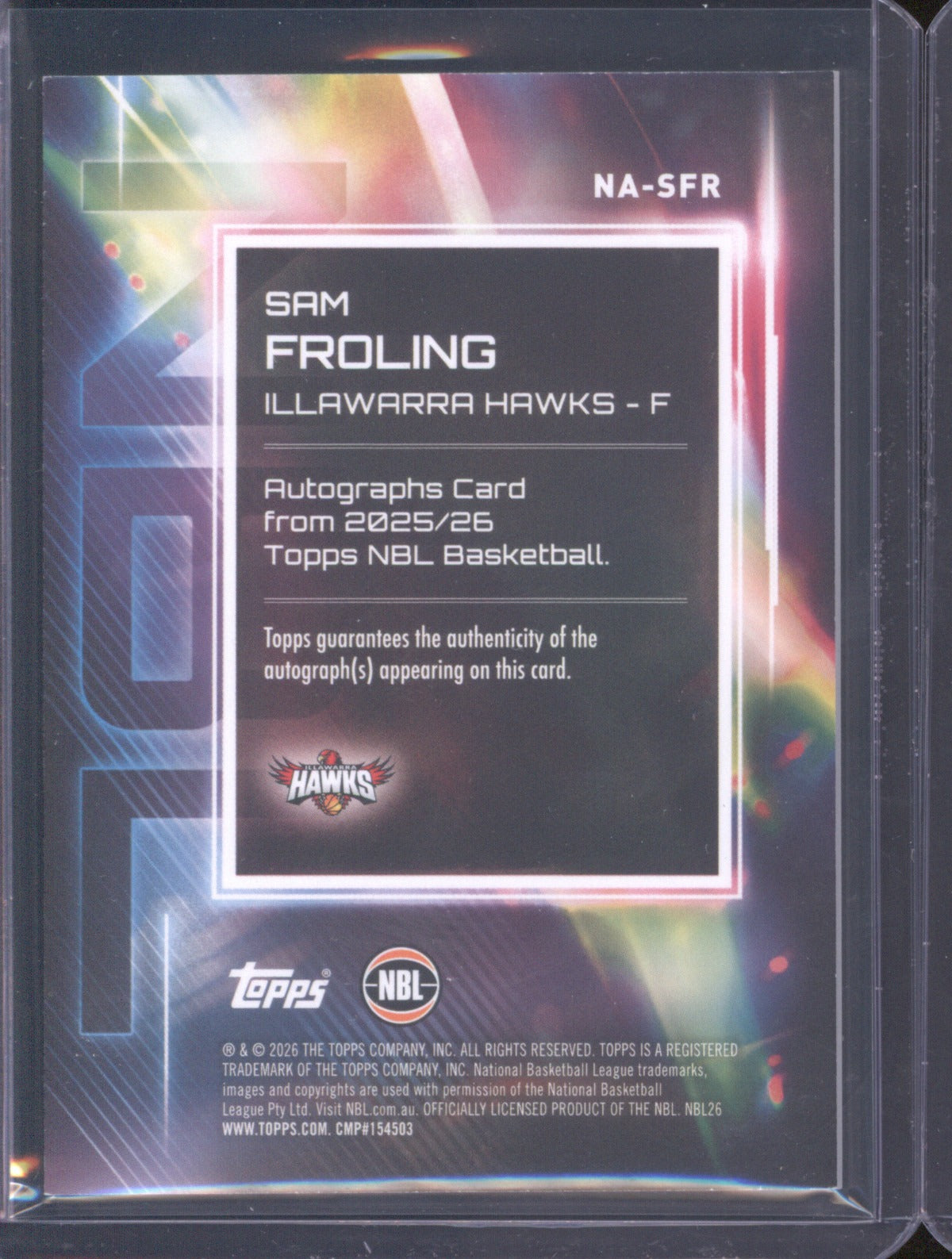 Sam Froling 2025-26 Topps NBL Basketball Auto NA-SF Illawarra Hawks