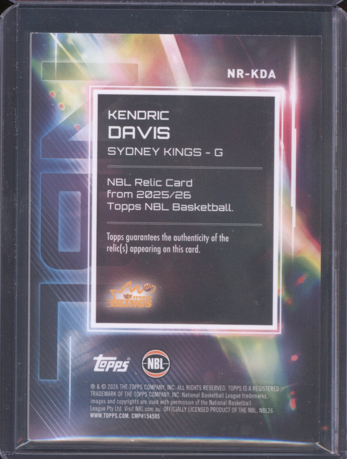 Kendric Davis 2025-26 Topps Basketball Relics NR-KDA Sydney Kings