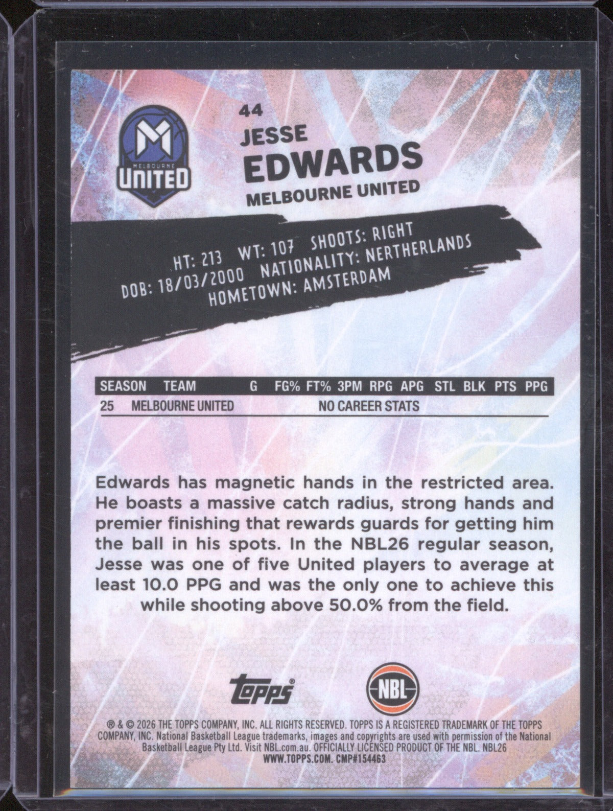 Jesse Edwards 2025-26 Topps Basketball Base Blue 44 Melbourne United /75