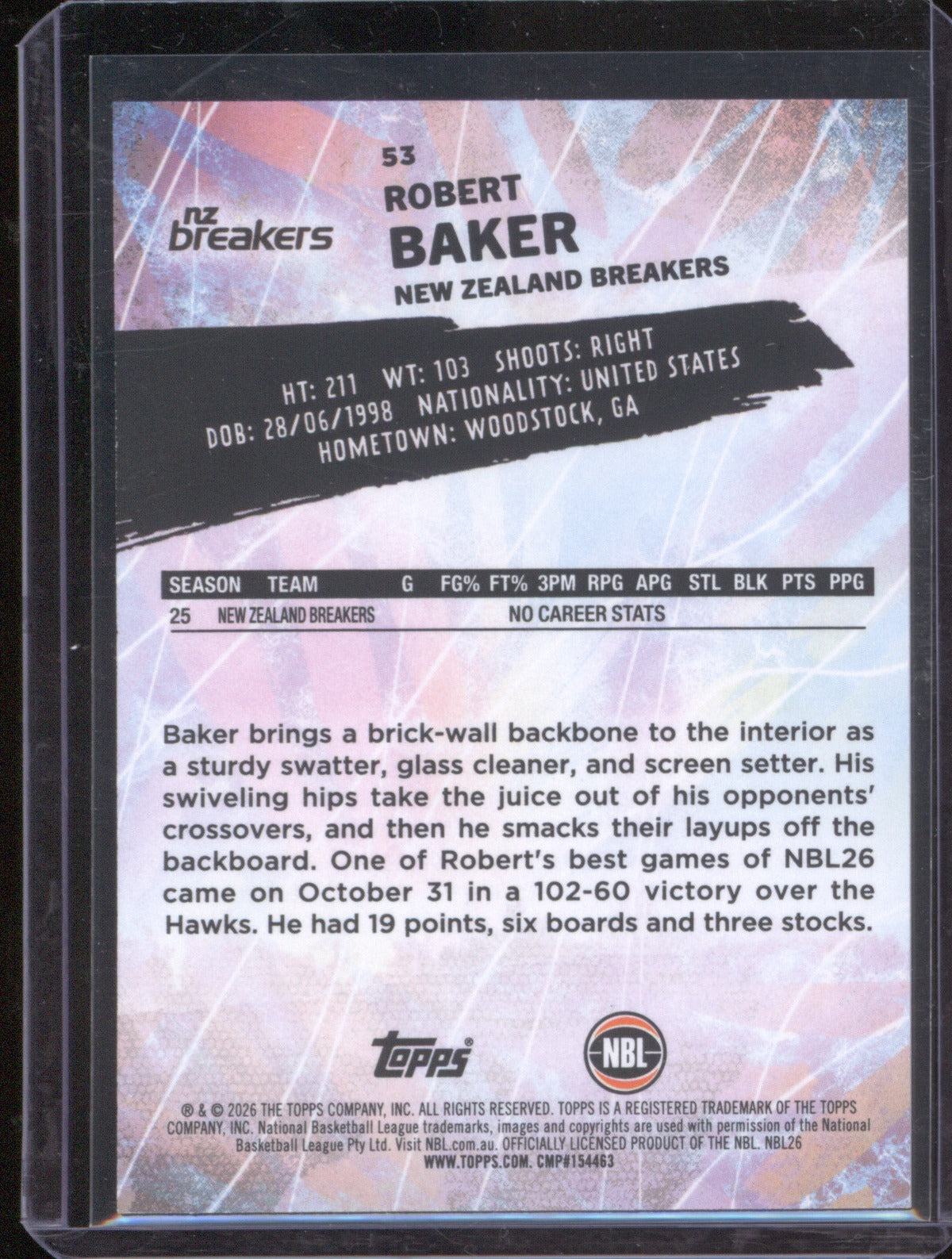 Robert Baker 2025-26 Topps Basketball Base Blue 53 NZ Breakers /75