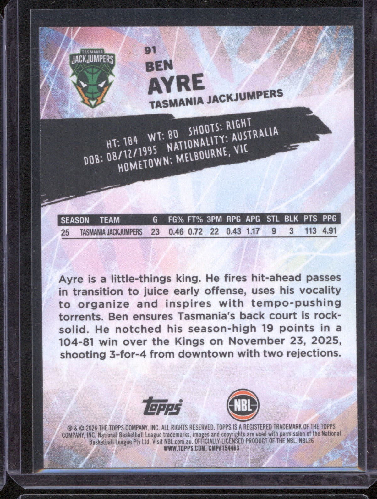 Ben Ayre 2025-26 Topps Basketball Base Orange Tasmania JackJumpers /25