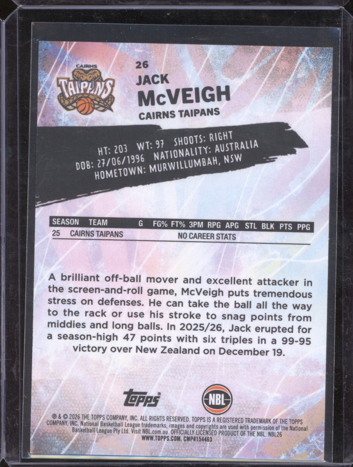 Jack McVeigh 2025-26 Topps NBL Basketball Base Orange 26 Cairns Taipans /25