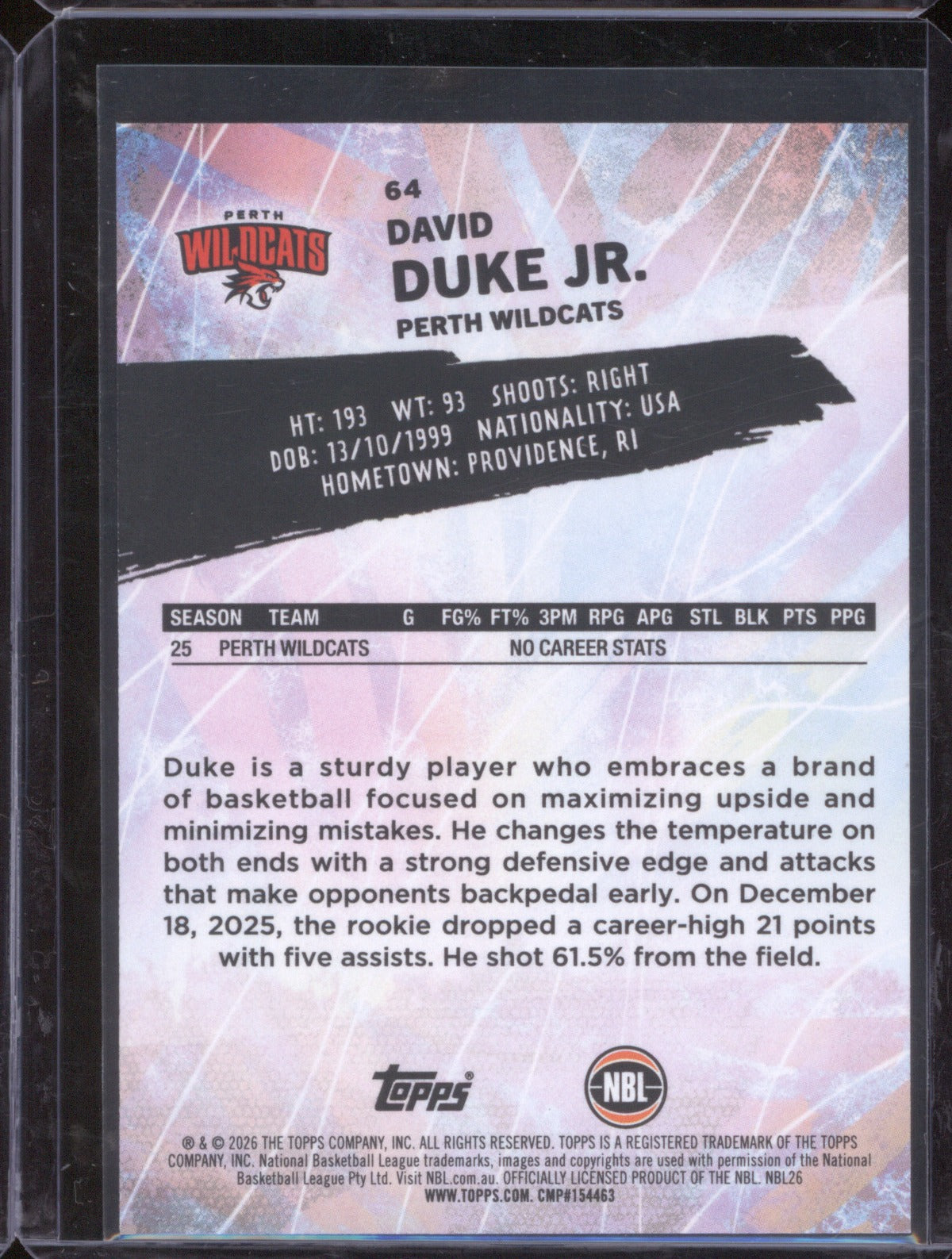 David Duke Jr. 2025-26 Topps NBL Basketball Base Red 64 Perth Wildcats /5