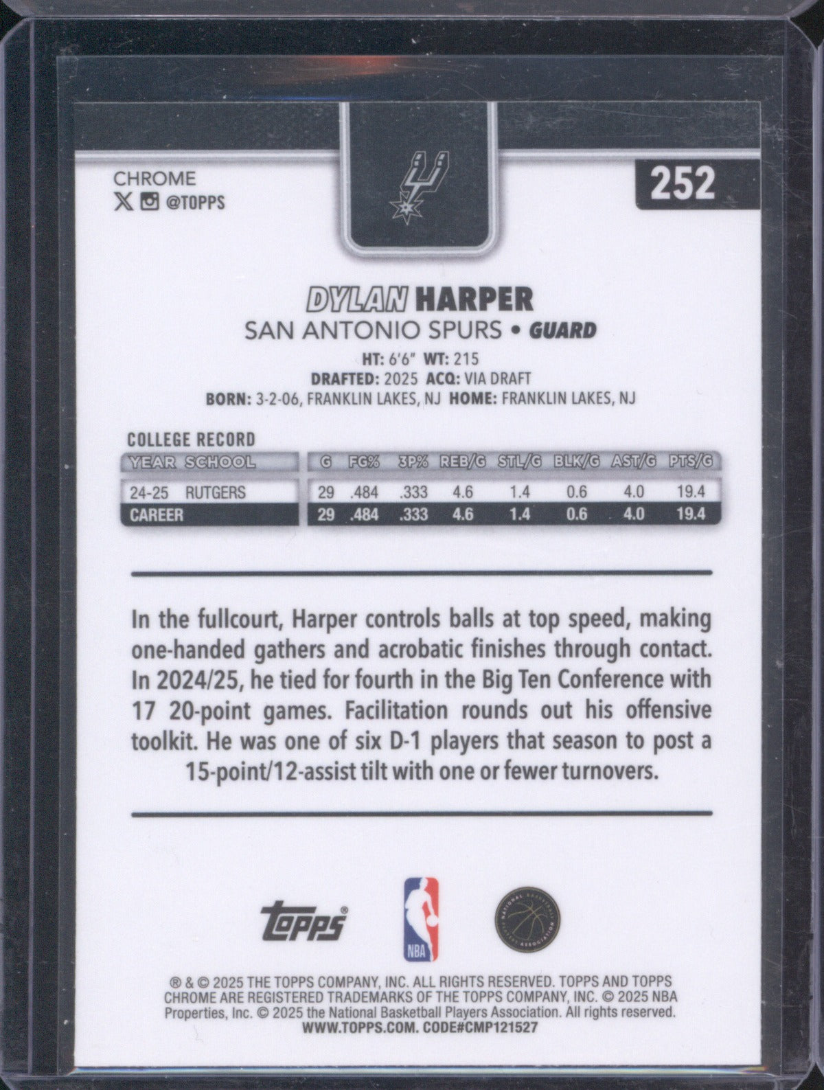 2025-26 Topps Chrome Dylan Harper 252 RC
