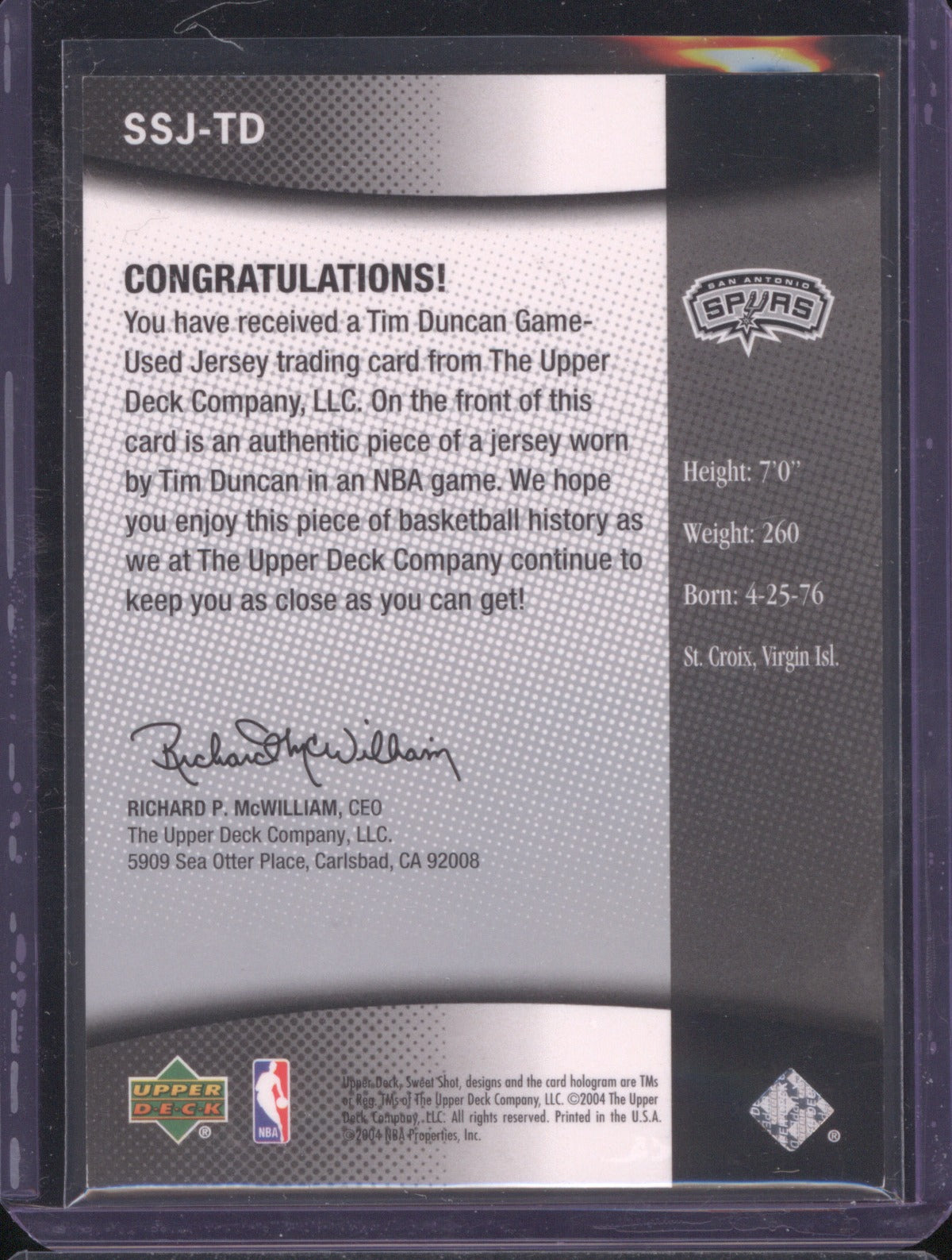 Tim Duncan 2004 Upper Deck Sweet Shot Jerseys Game Used