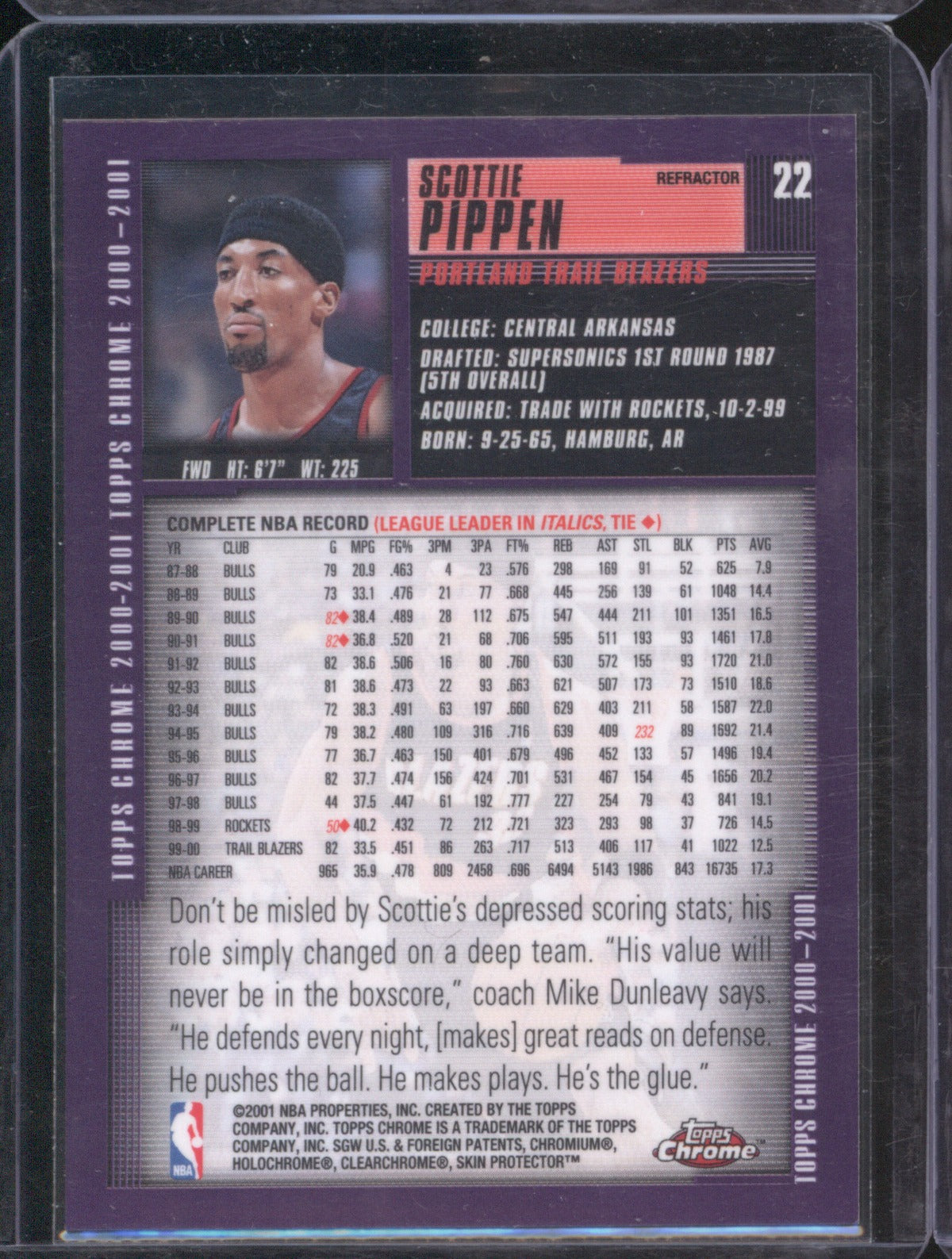 Scottie Pippen 2000 Topps Chrome 22 Purple Refractor