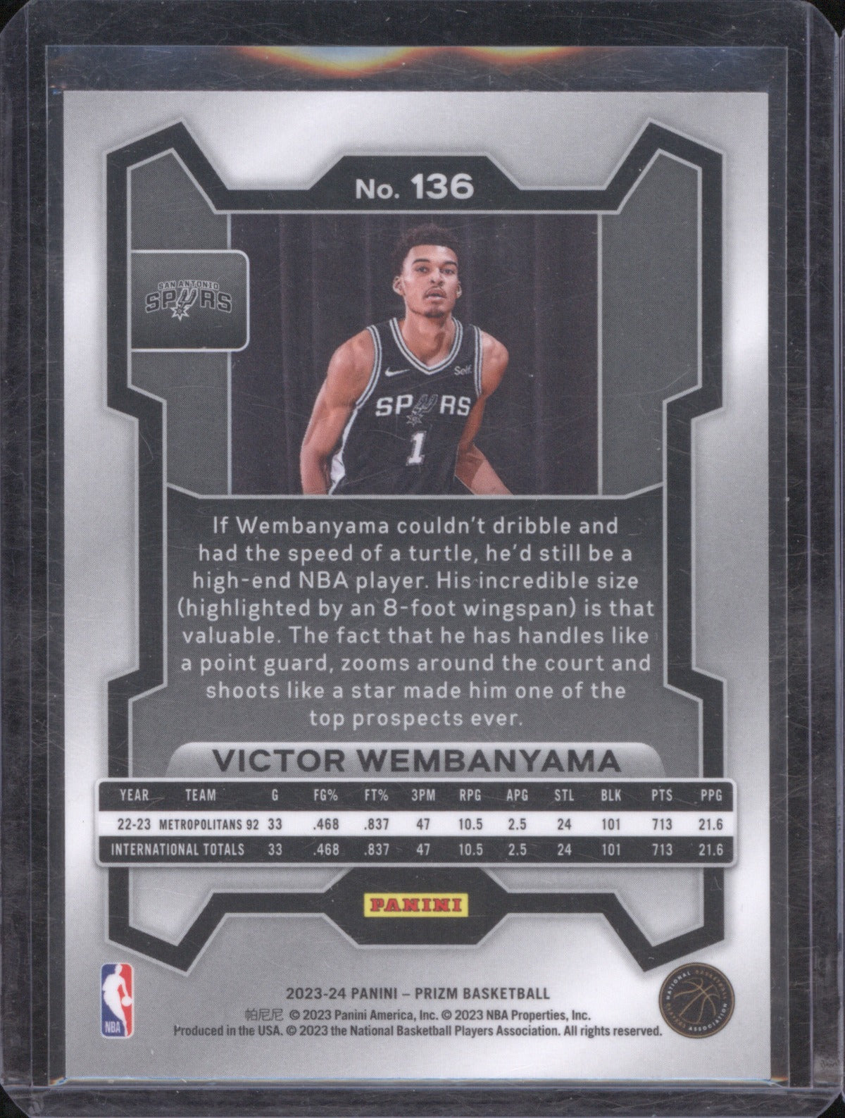 Victor Wembanyama 2023 Panini Prizm #136 Base RC