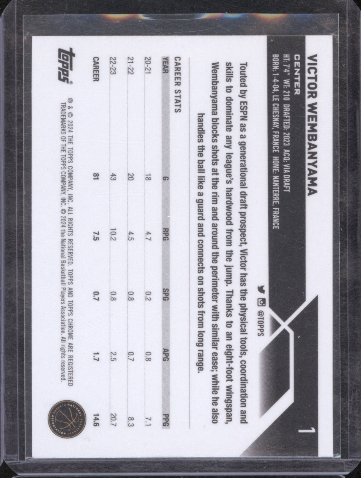 Victor Wembanyama 2023 Topps Chrome 1 Base RC