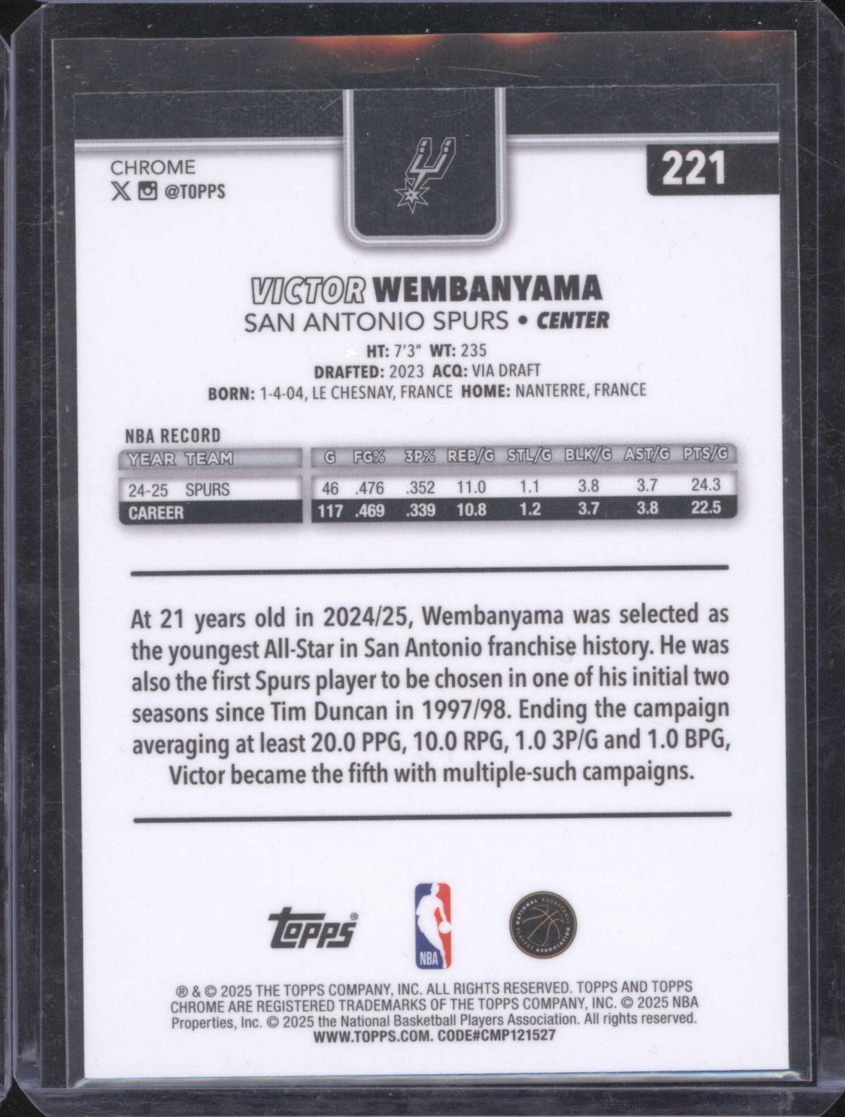 Victor Wembanyama 2025 Topps Chrome 221 X-Fractor