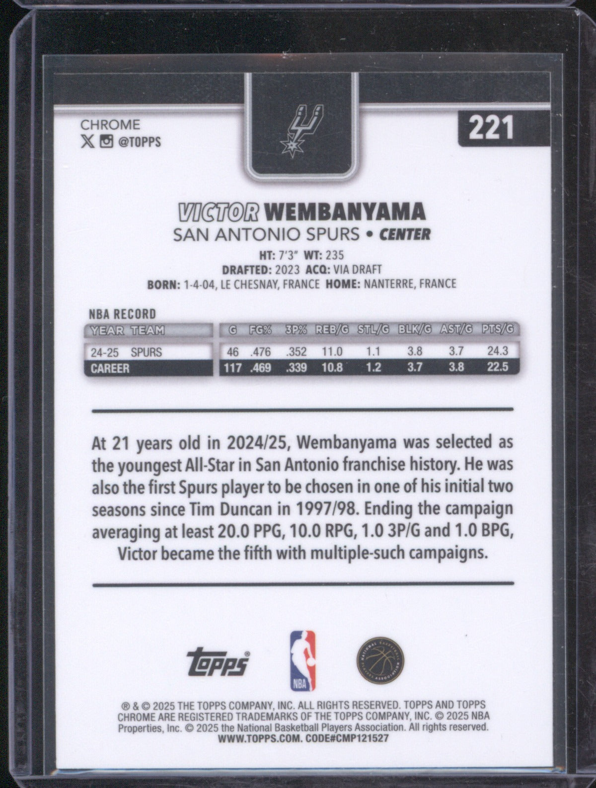 Victor Wembanyama 2025 Topps Chrome 221 X-Fractor