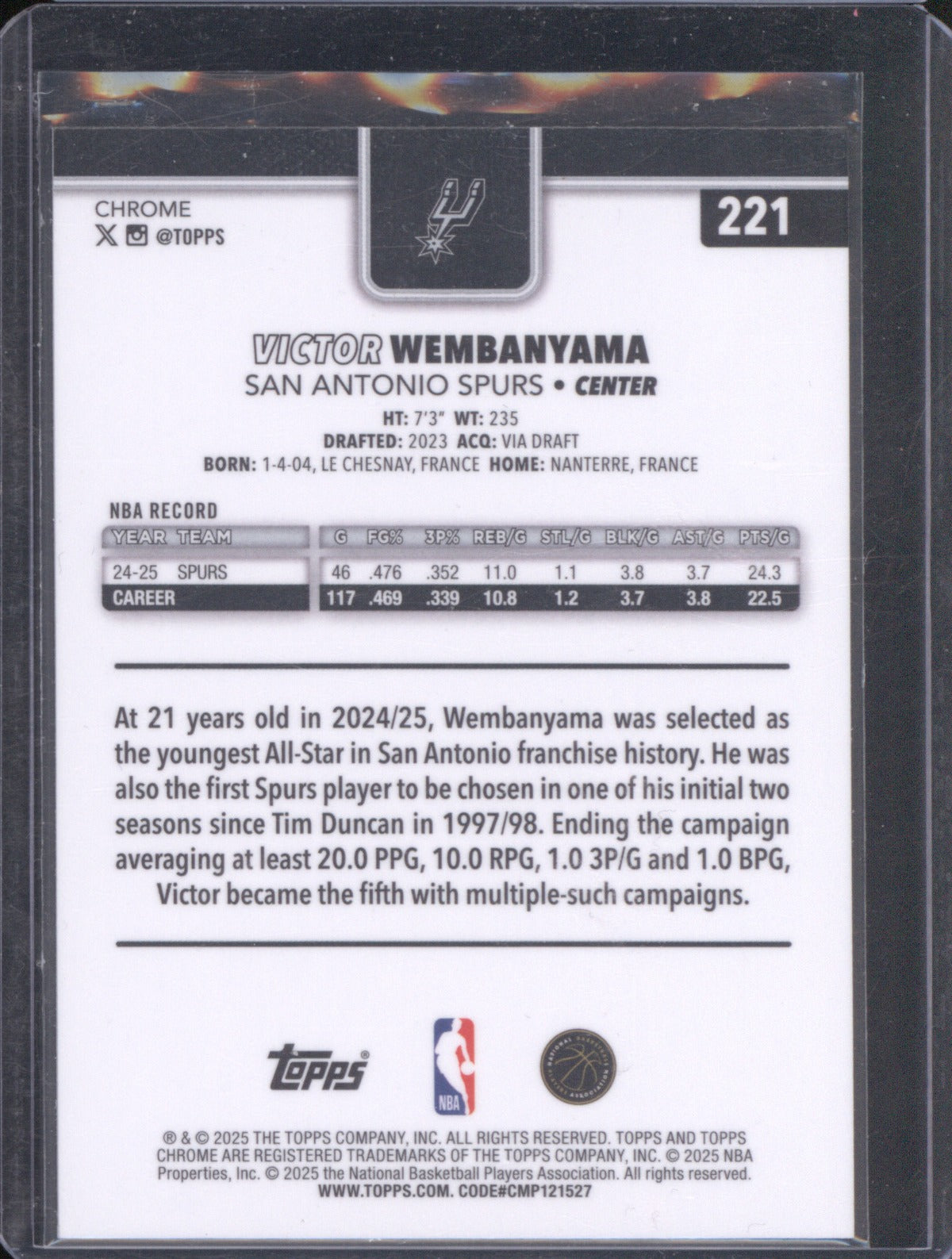 Victor Wembanyama 2025 Topps Chrome 221 X-Fractor