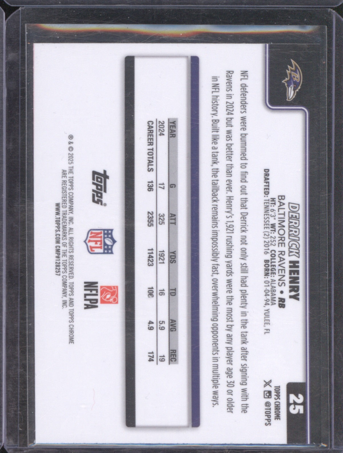 Derrick Henry 2025 Topps Chrome 25 Pink Wave Refractor /250