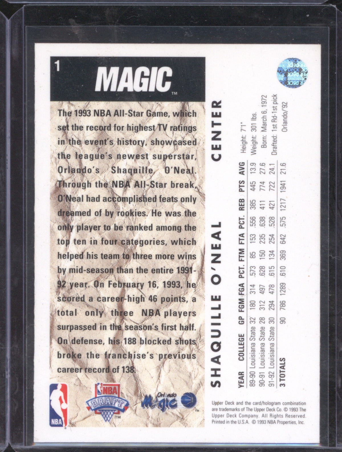 Shaquille O'Neal 1992 Upper Deck #1 Rookie RC