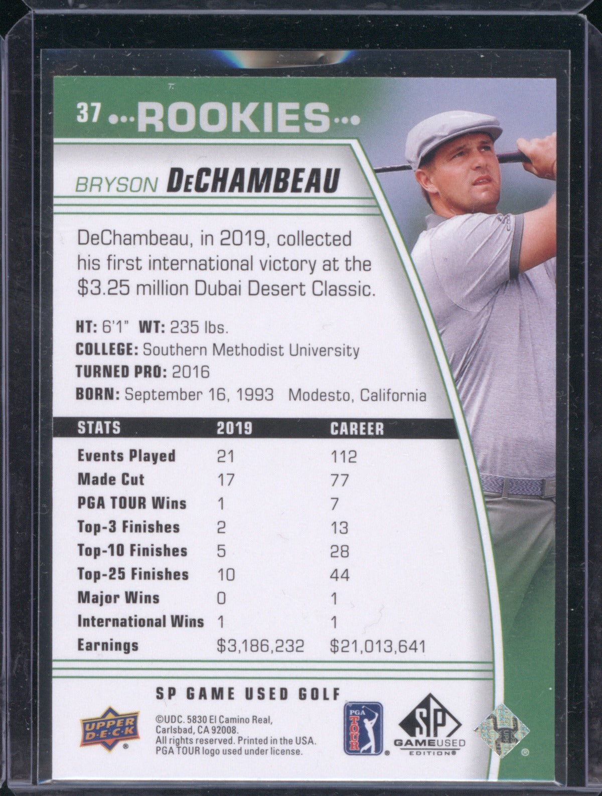 2021 Upper Deck SP Game Used 37 Bryson DeChambeau Rookies RC