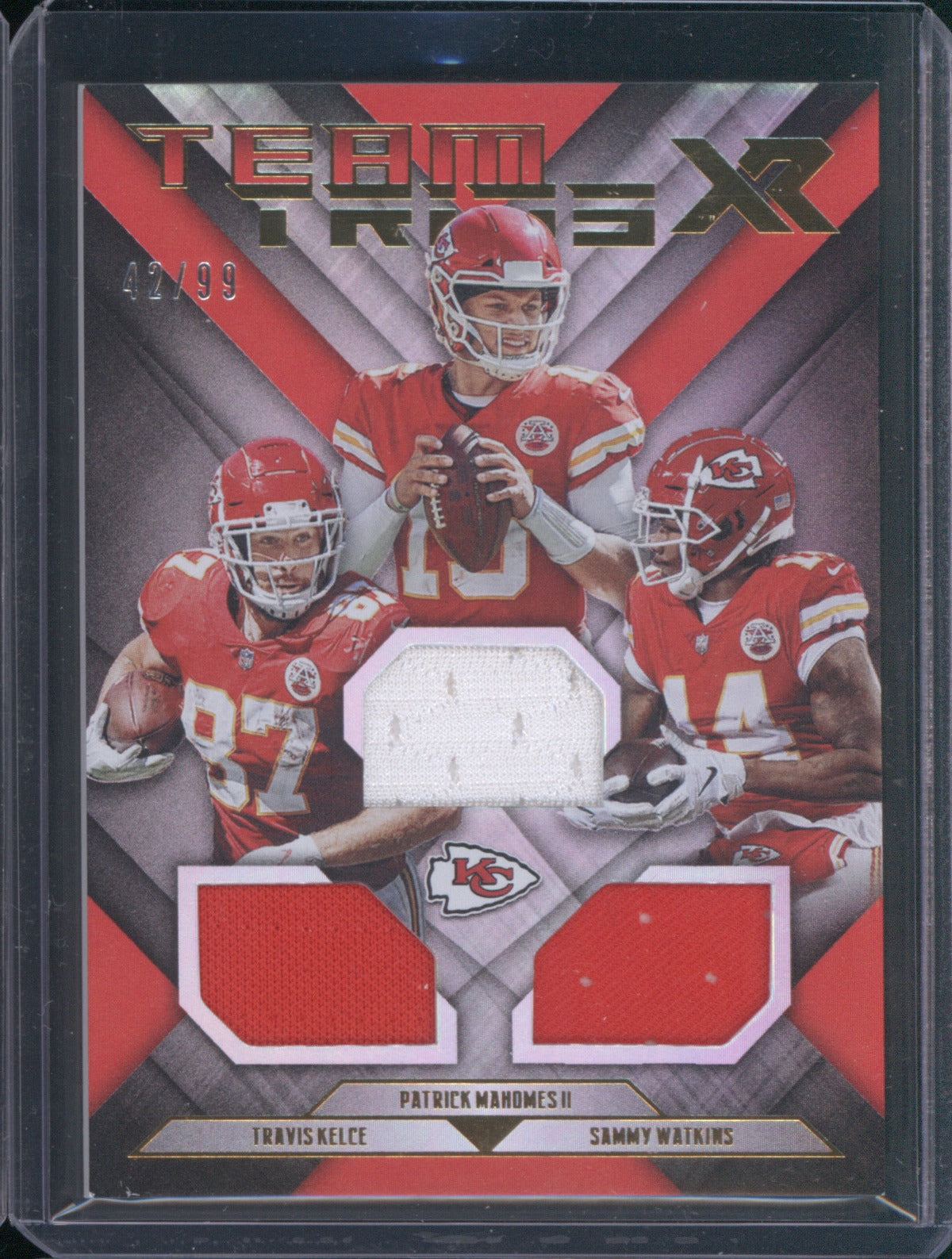 Patrick Mahomes II Kelce Watkins 2019 Panini XR Team Trios Triple Jersey /99