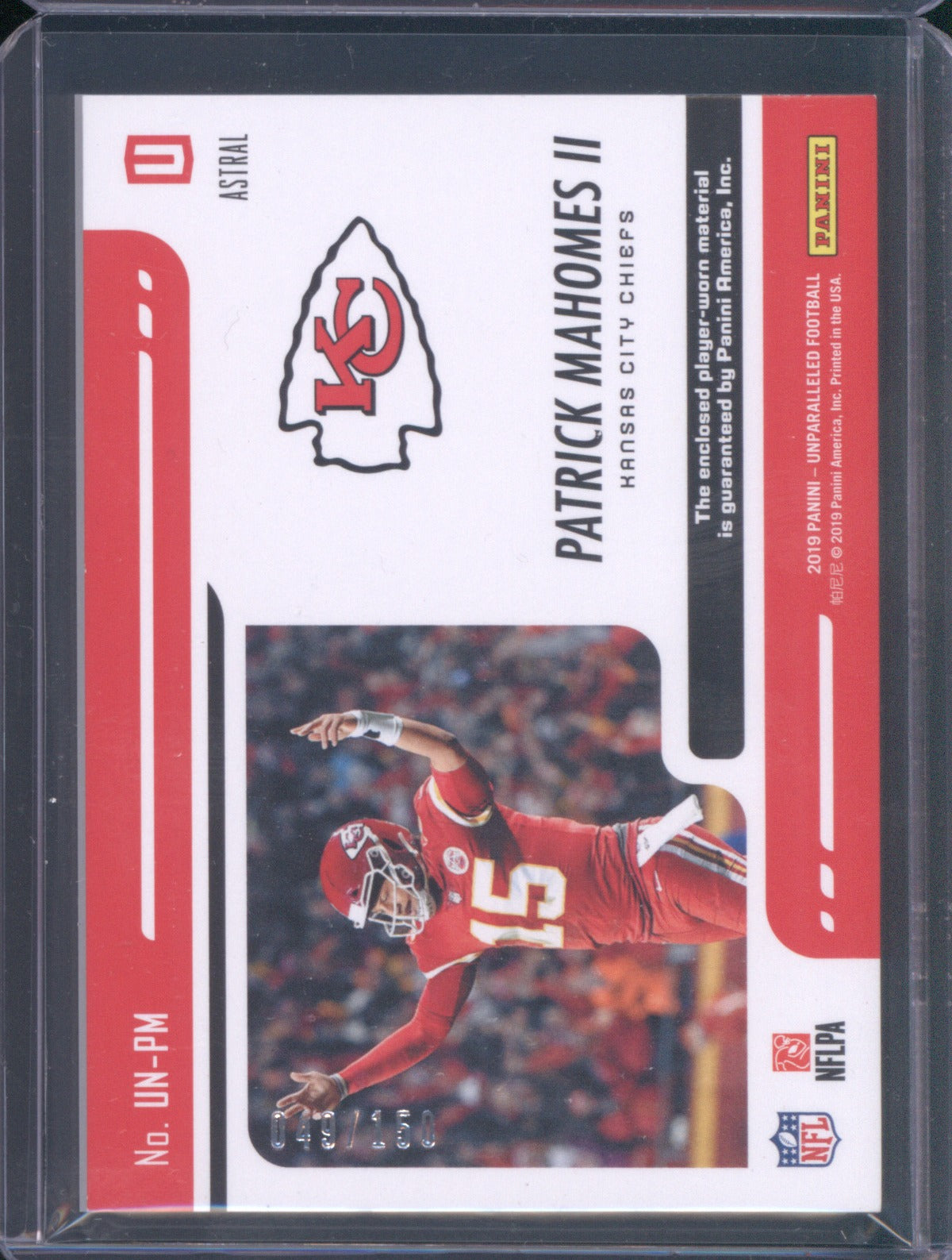 Patrick Mahomes II 2019 Panini Unparalleled UN-PM Undeniable Jersey Astral /150
