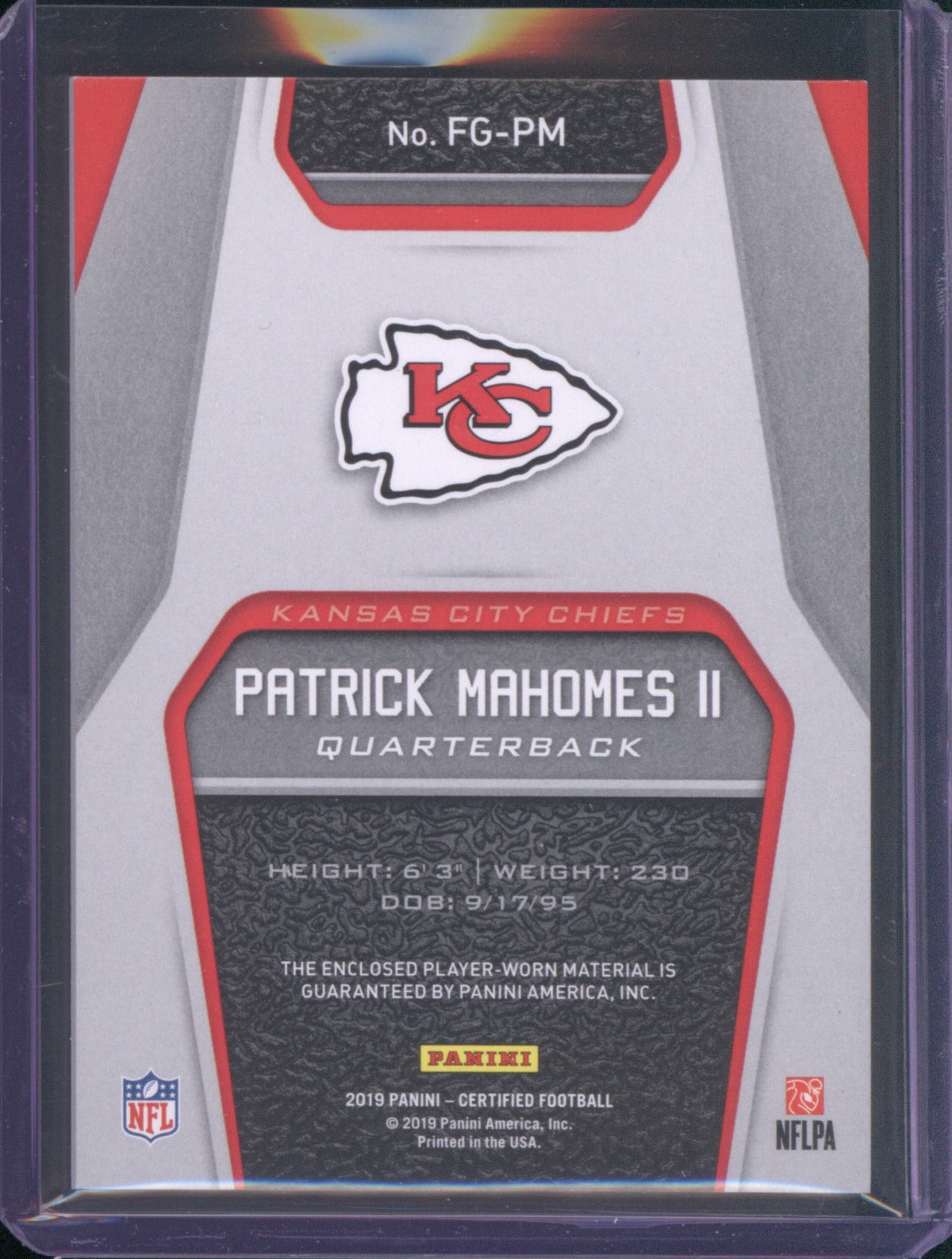 Patrick Mahomes II 2019 Panini Certified FG-PM Fabric of the Game Jersey /299