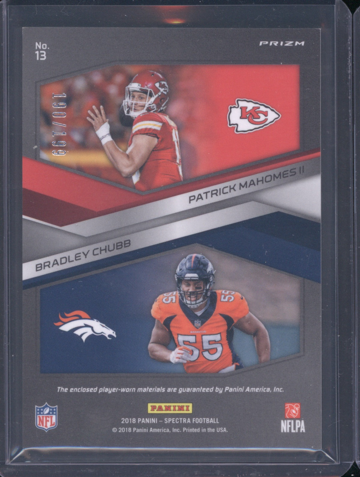 Patrick Mahomes II Bradley Chubb 2018 Panini Spectra 13 Rivals Dual Jersey /199
