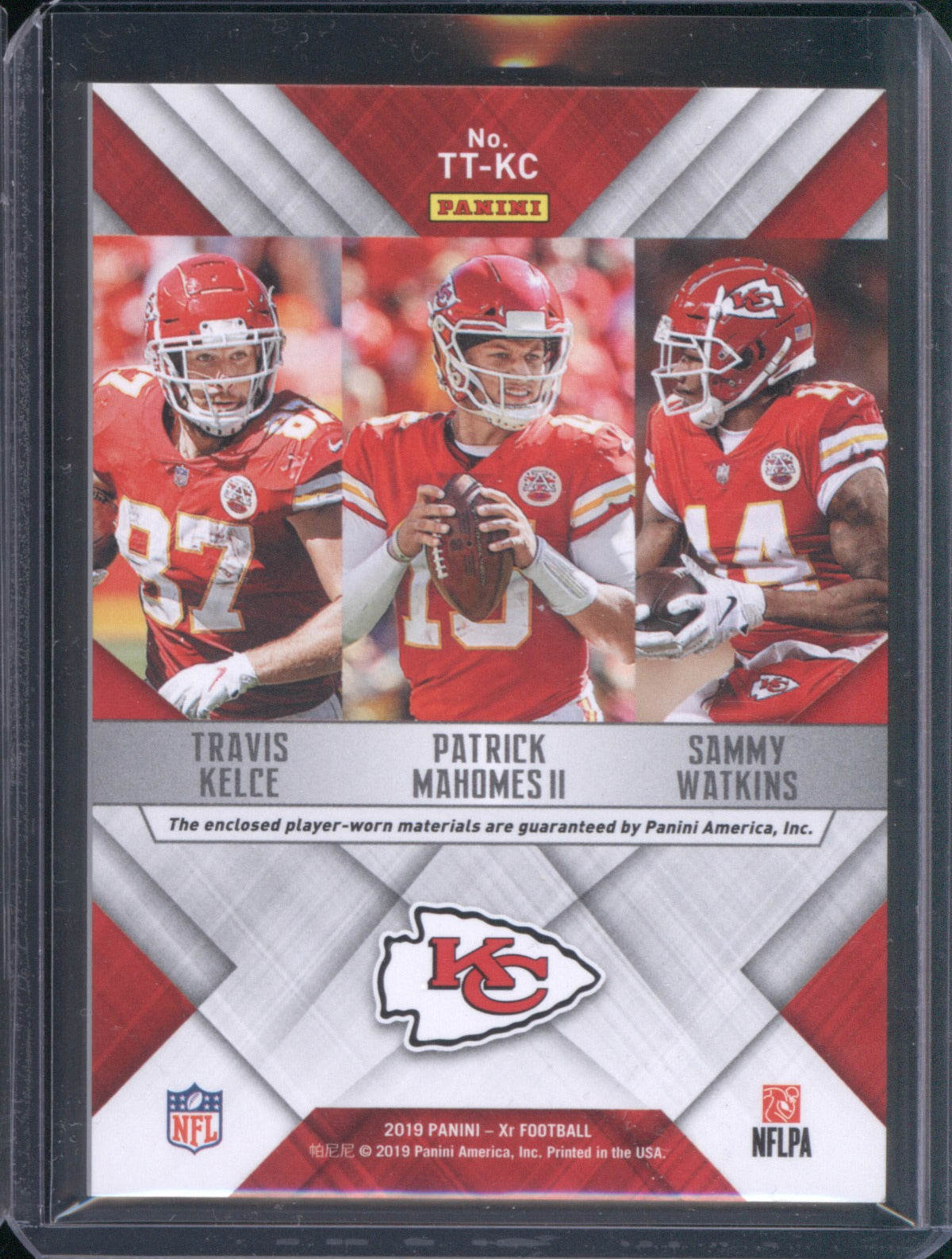 Patrick Mahomes II Kelce Watkins 2019 Panini XR Team Trios Triple Jersey /99