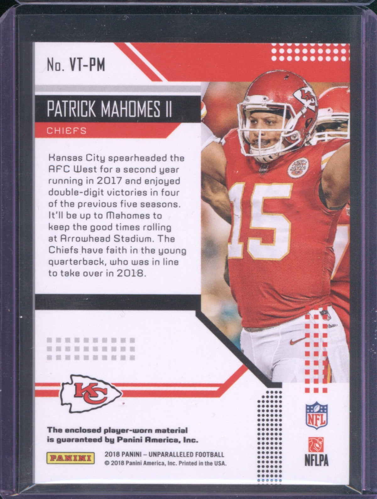 Patrick Mahomes II 2018 Panini Unparalleled VT-PM Victorious Jersey Relic