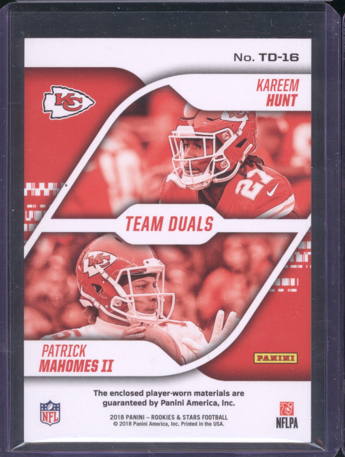 Patrick Mahomes II Hunt 2018 Panini Rookies & Stars Team Duals Dual Jersey /99