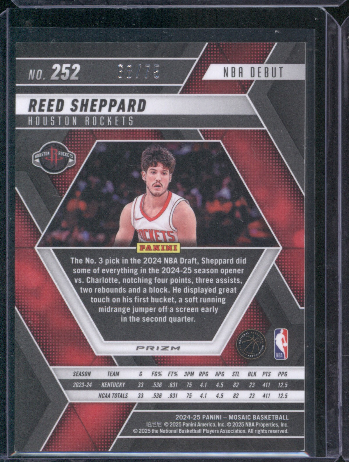 Reed Sheppard 2024-25 Panini Mosaic 252 NBA Debut International Red RC