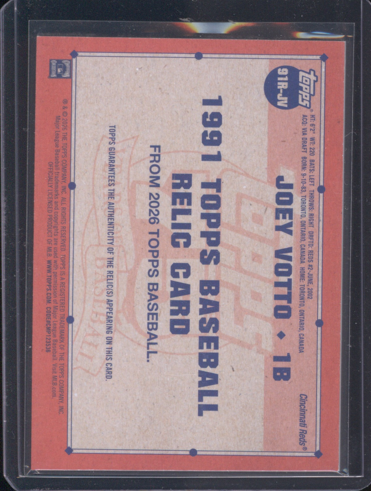 Joey Votto 2026 Topps Series 1 91R-JV 1991 Relic Jersey